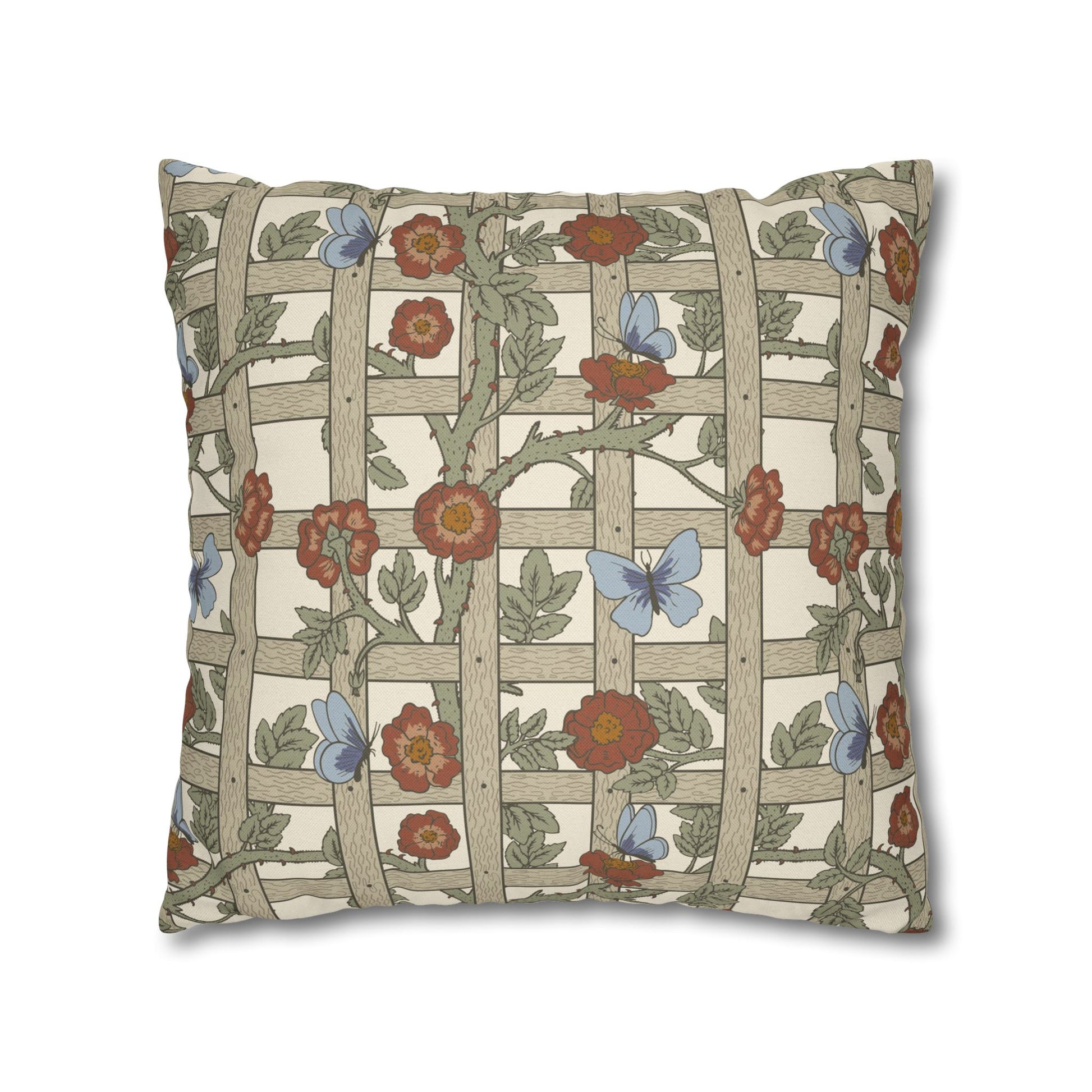 Decorative pillow with floral and butterfly pattern on a white background