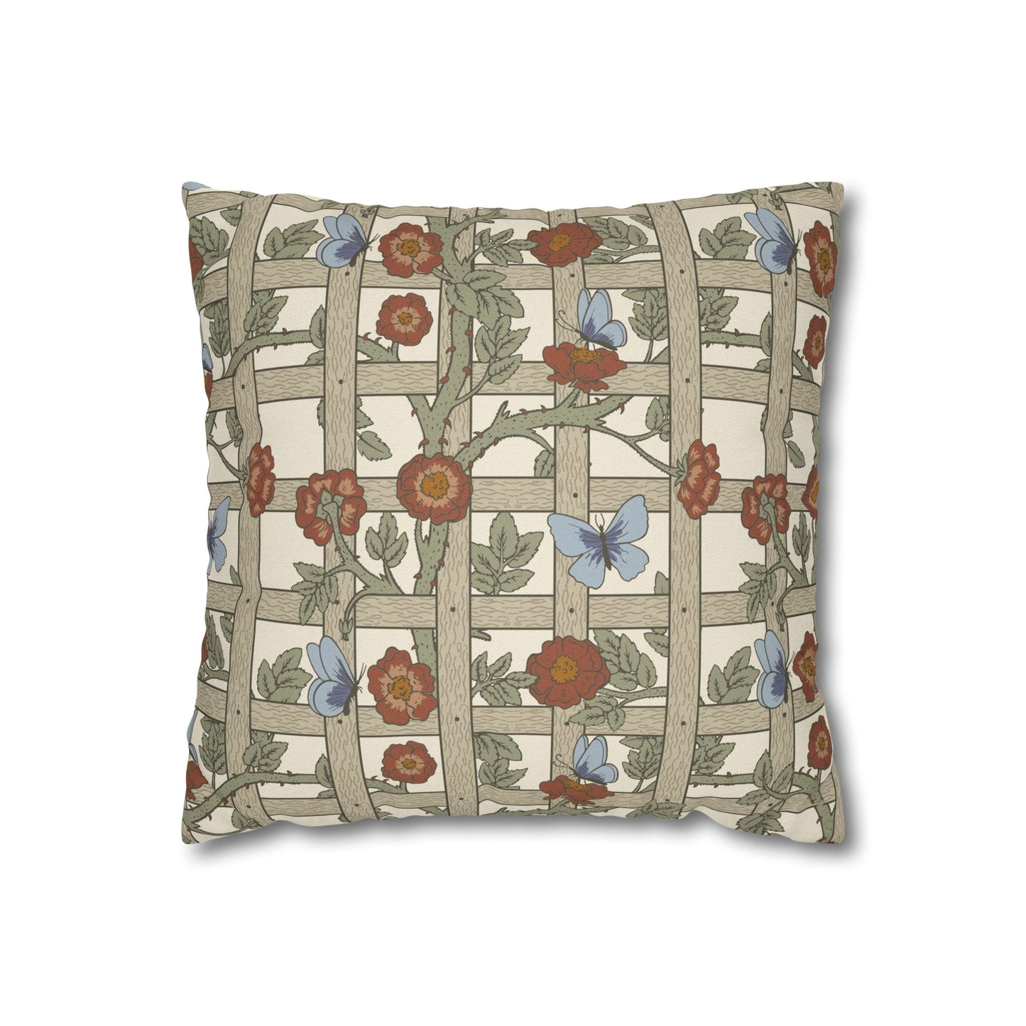 Decorative pillow with floral and butterfly pattern on a white background