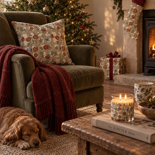 A cozy holiday living room scene with an olive green armchair, a red throw blanket, a patterned pillow, a lit candle on a wooden table, a sleeping dog on the rug, a Christmas tree, fireplace, stockings, and wrapped gifts.