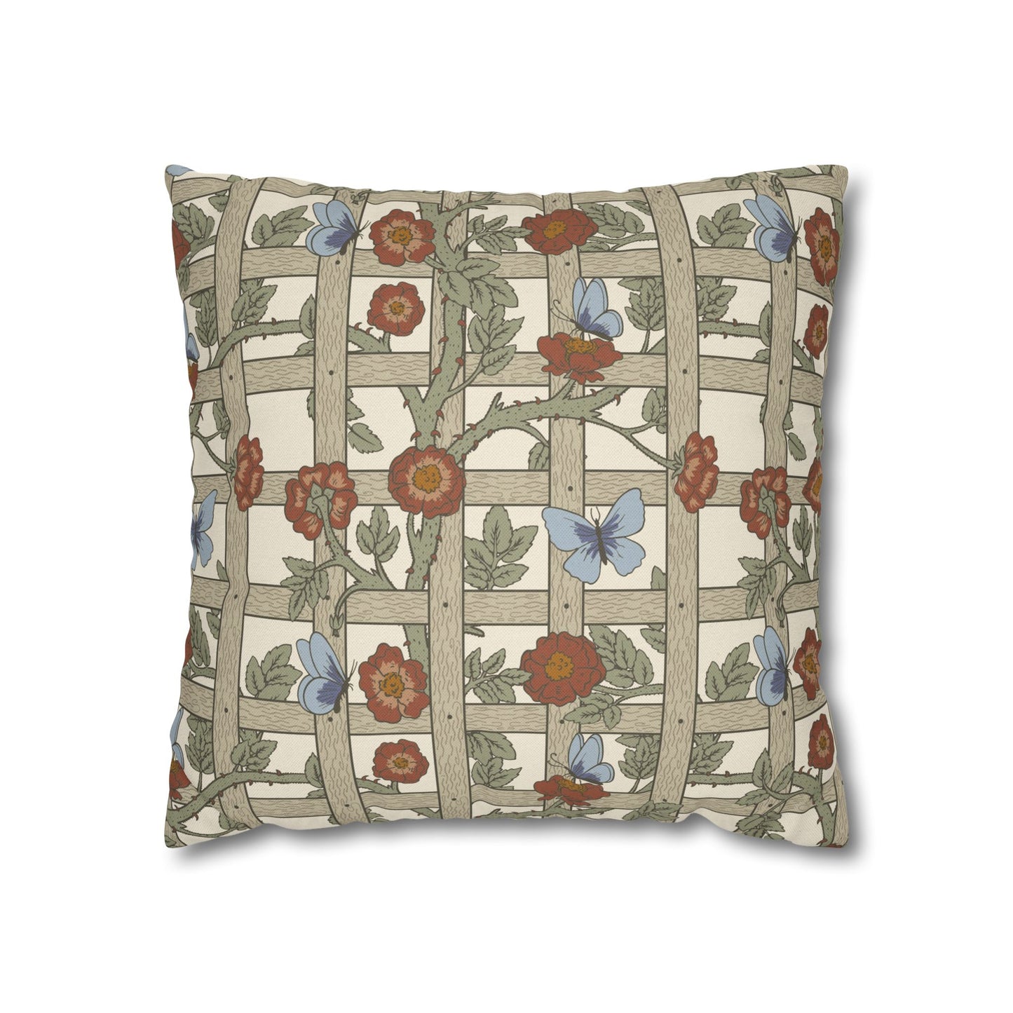 Decorative pillow with floral and butterfly pattern on a white background