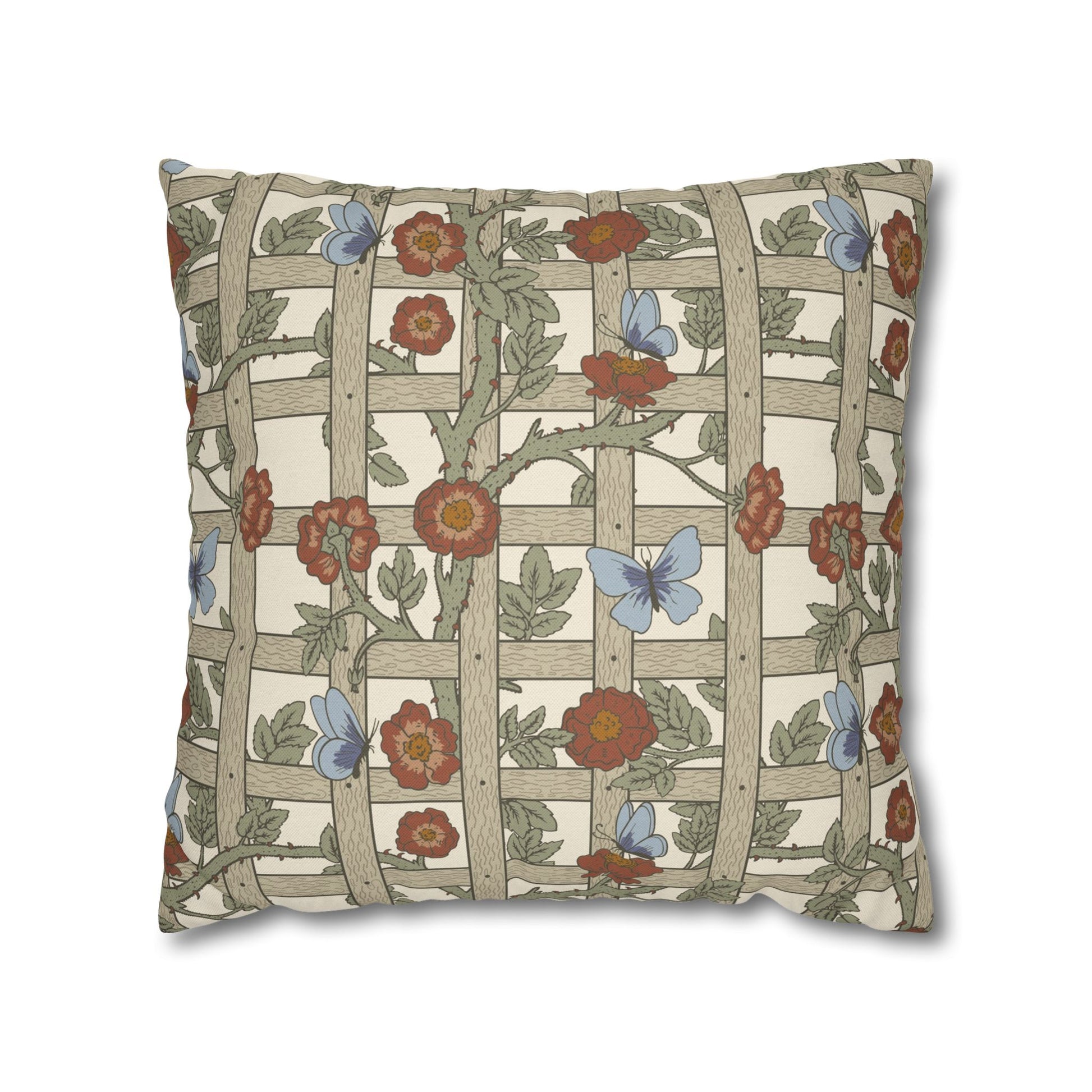 Decorative pillow with floral and butterfly pattern on a white background