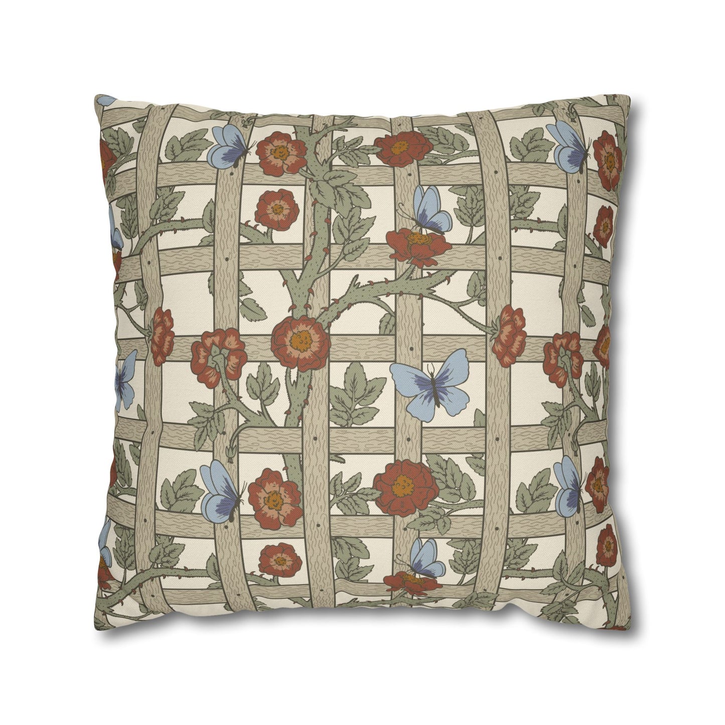 Decorative pillow with floral and butterfly pattern on a white background