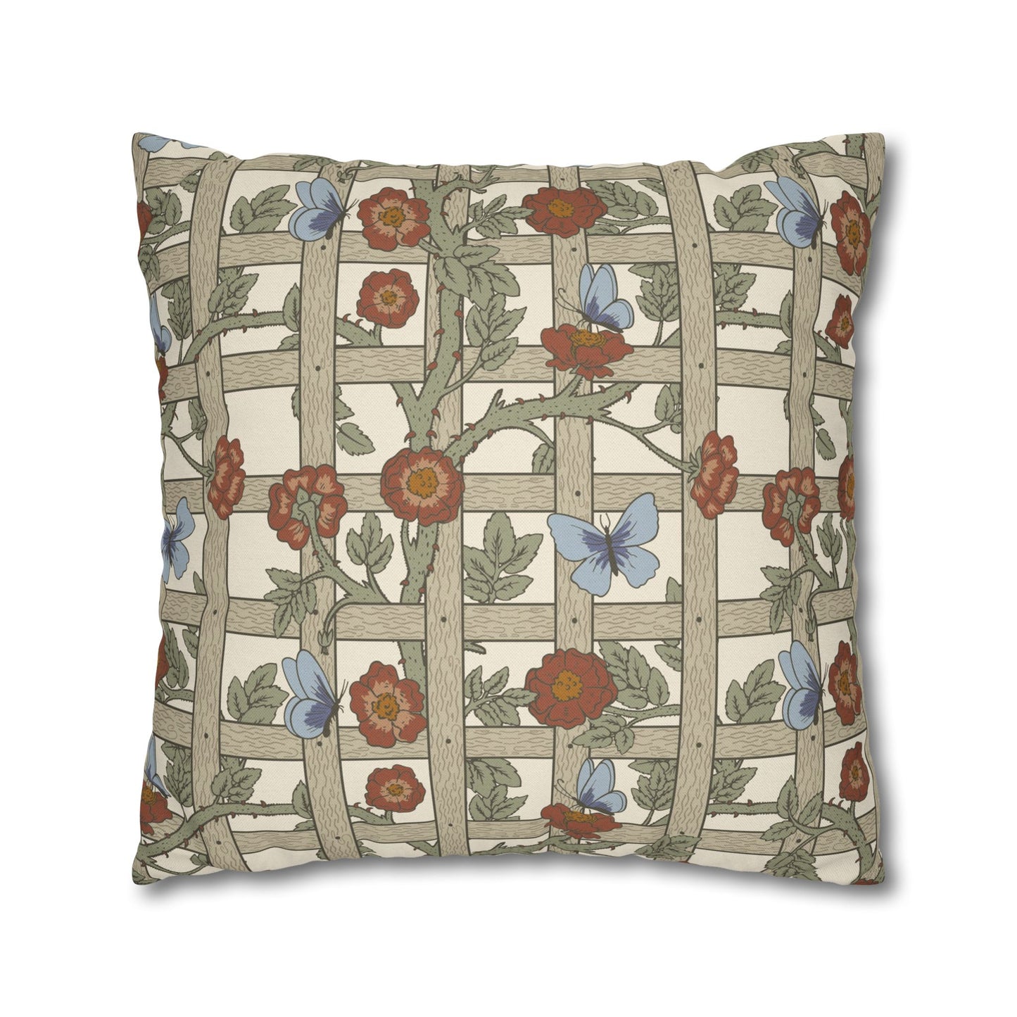 Decorative pillow with floral and butterfly pattern on a white background