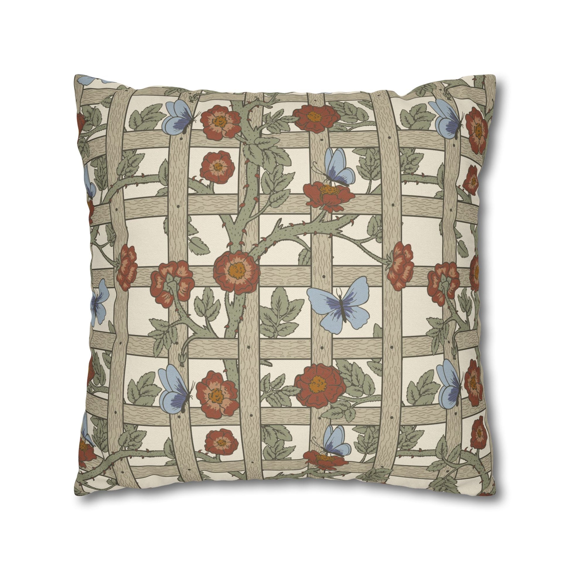 Decorative pillow with floral and butterfly pattern on a white background