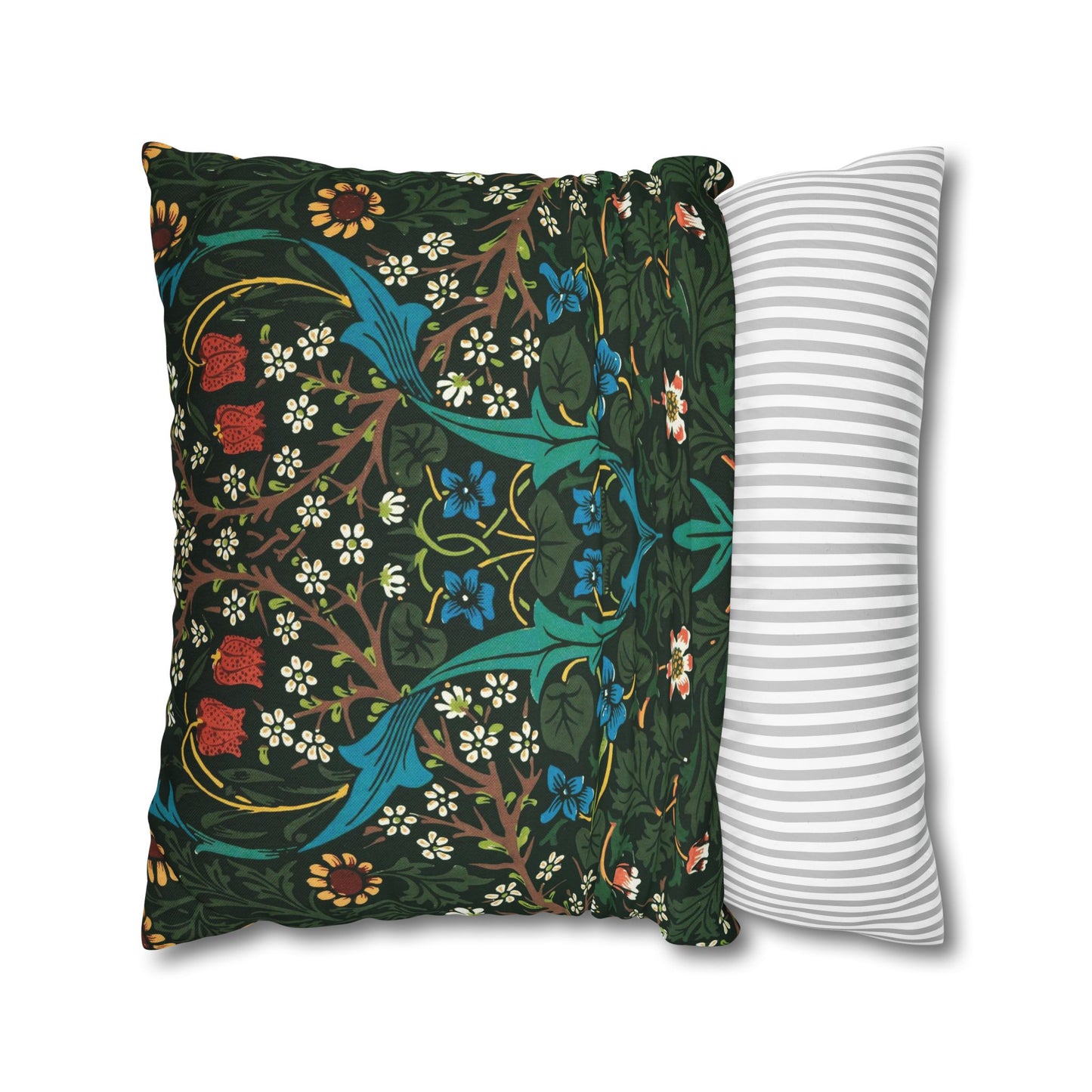 Two pillows, one with a floral pattern and the other with a striped pattern, on a white background - William Morris Tulip