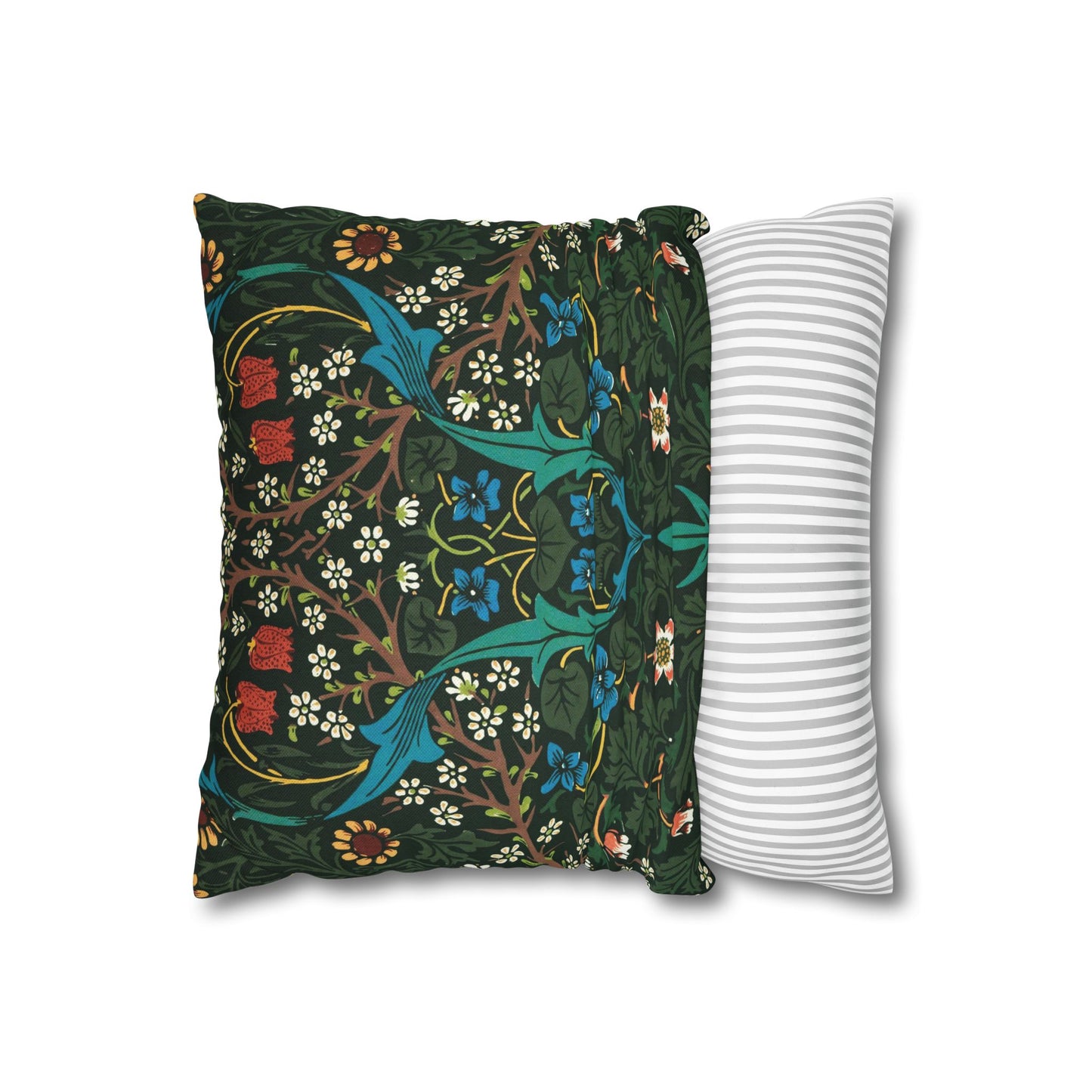 Two pillows, one with a floral pattern and the other with a striped pattern, on a white background - William Morris Tulip