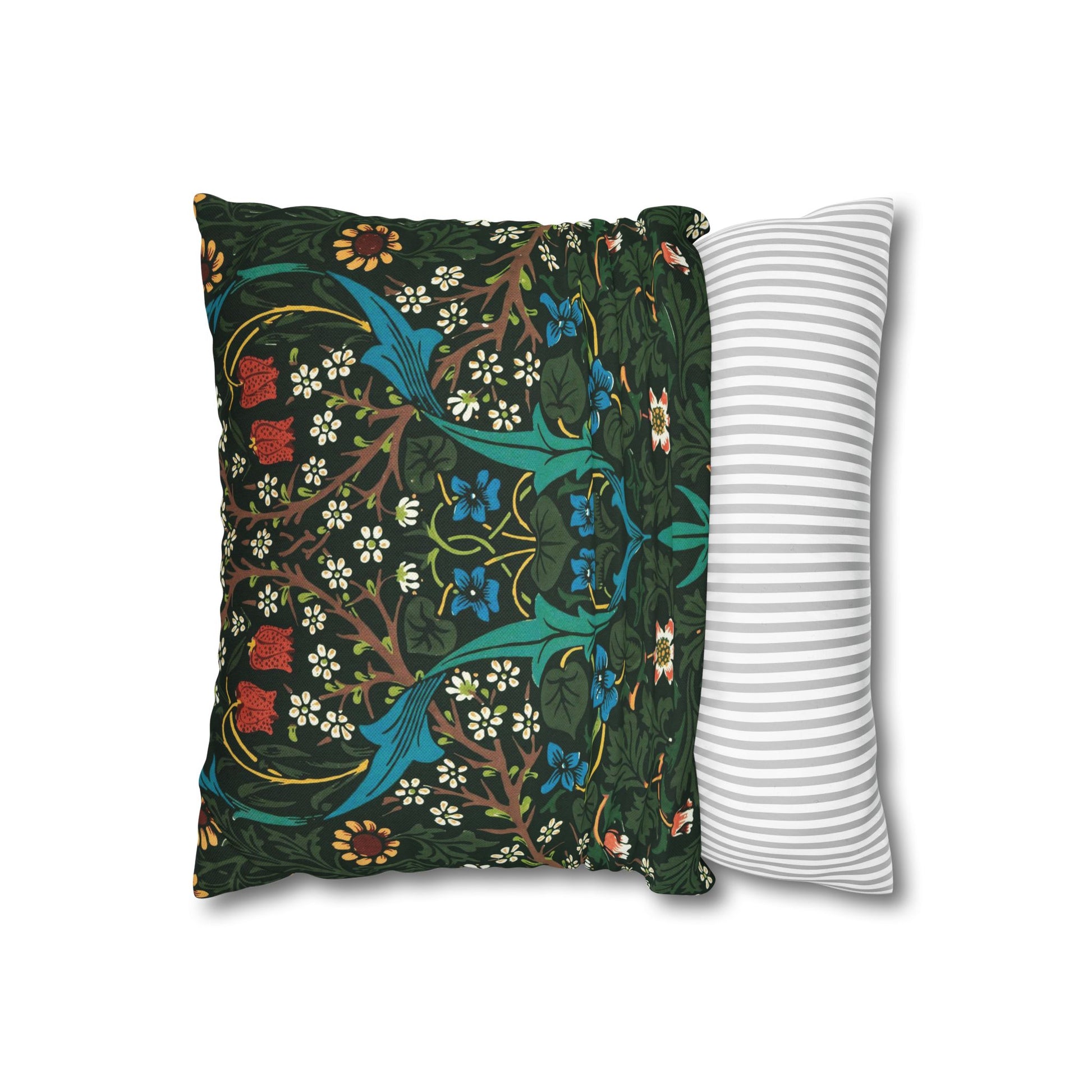 Two pillows, one with a floral pattern and the other with a striped pattern, on a white background - William Morris Tulip
