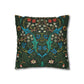 Decorative pillow with floral and bird pattern on a dark green background - William Morris Tulip