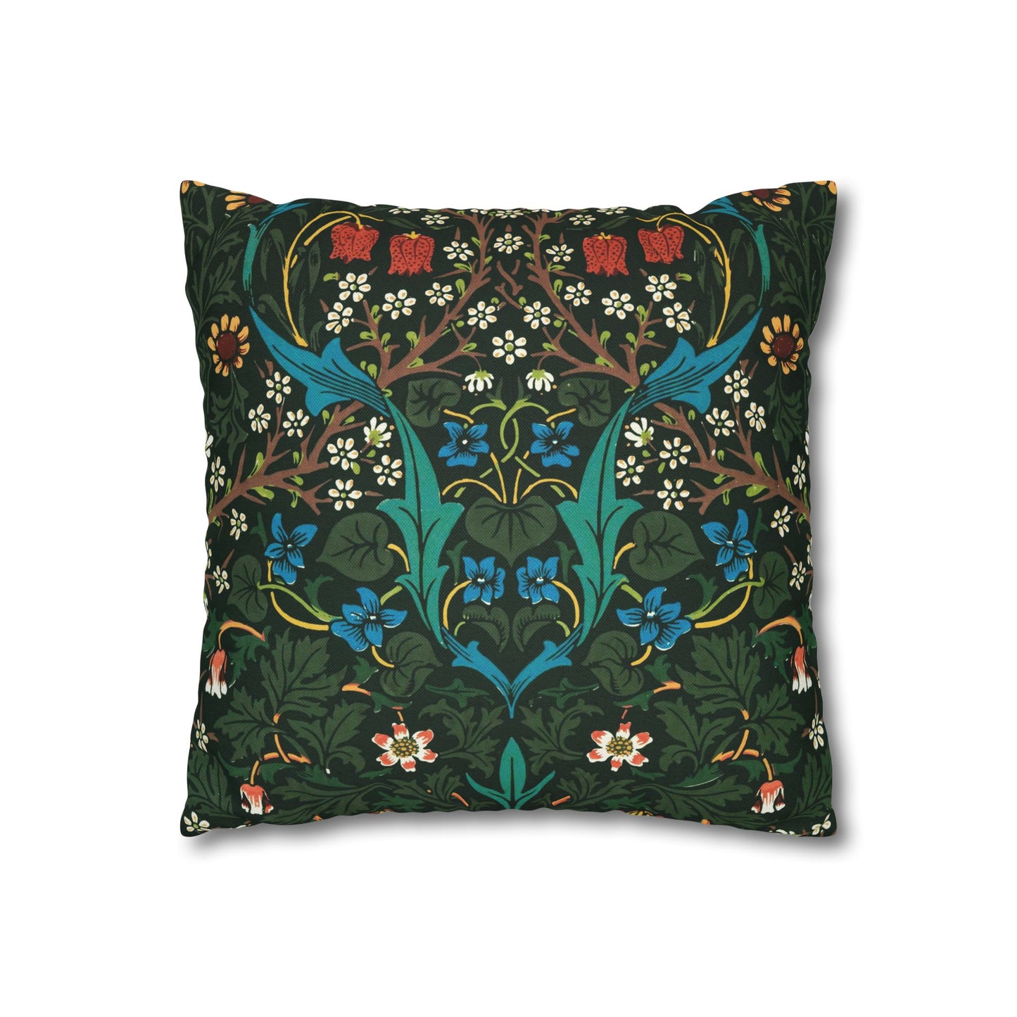Decorative pillow with floral and bird pattern on a dark green background - William Morris Tulip