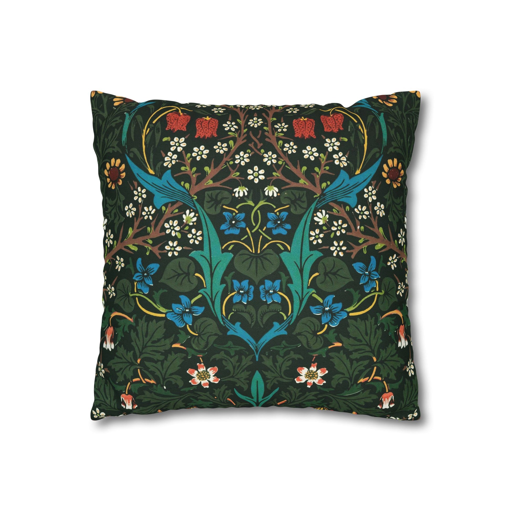 Decorative pillow with floral and bird pattern on a dark green background - William Morris Tulip