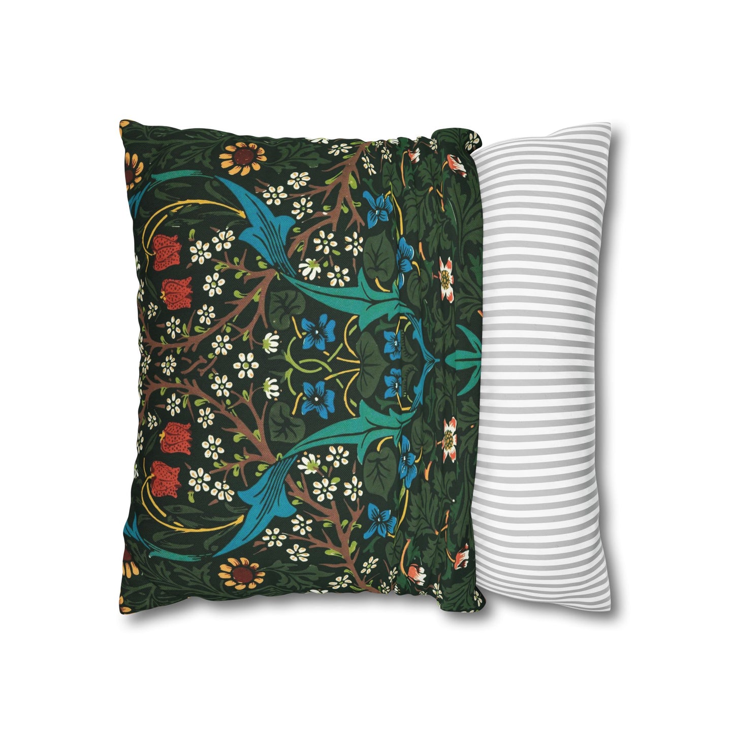 Two pillows, one with a floral pattern and the other with a striped pattern, on a white background - William Morris Tulip