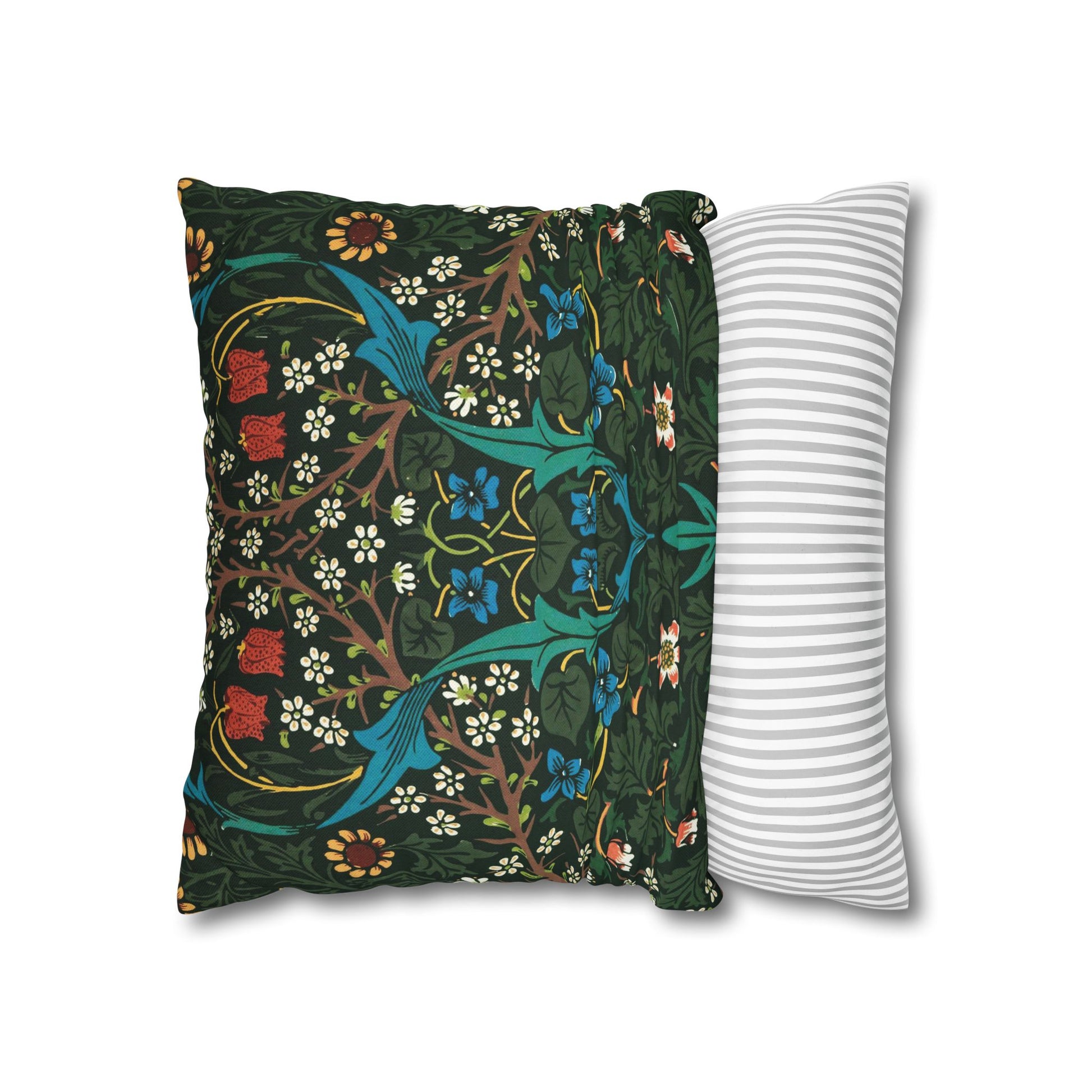 Two pillows, one with a floral pattern and the other with a striped pattern, on a white background - William Morris Tulip