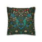 Decorative pillow with intricate floral and bird pattern on a dark green background - William Morris Tulip