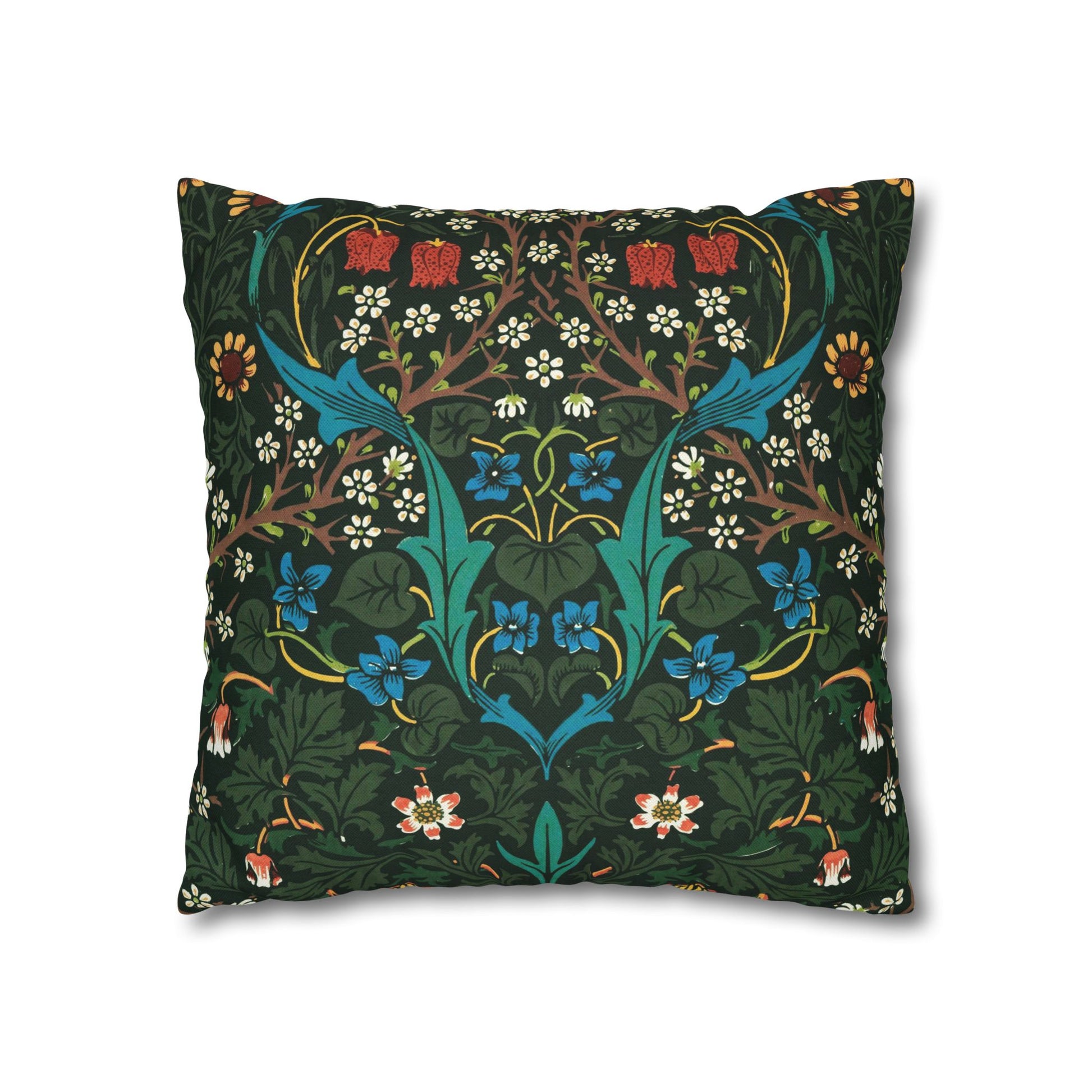 Decorative pillow with intricate floral and bird pattern on a dark green background - William Morris Tulip