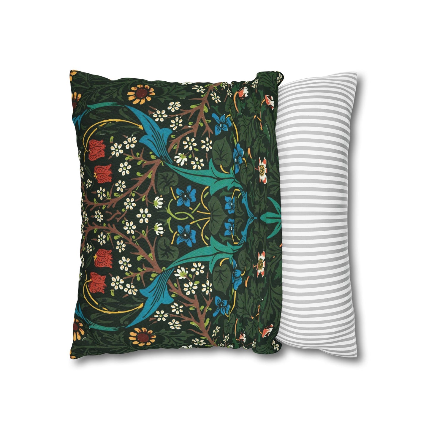 Two pillows, one with a floral pattern and the other with a striped pattern, on a white background - William Morris Tulip