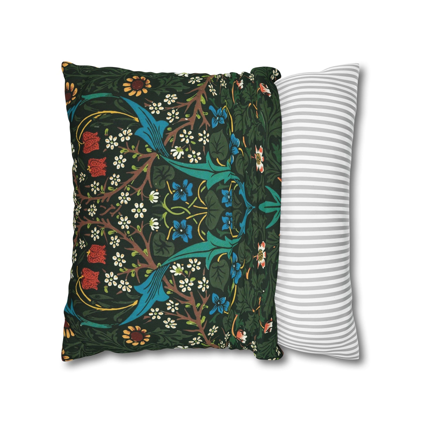 Decorative pillow with floral pattern next to a striped pillow on a white background - William Morris Tulip