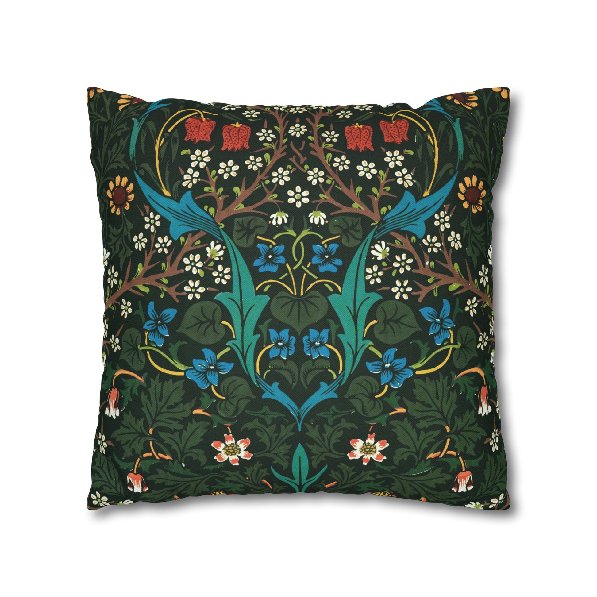 Decorative pillow with floral and bird pattern on a white background - William Morris Tulip