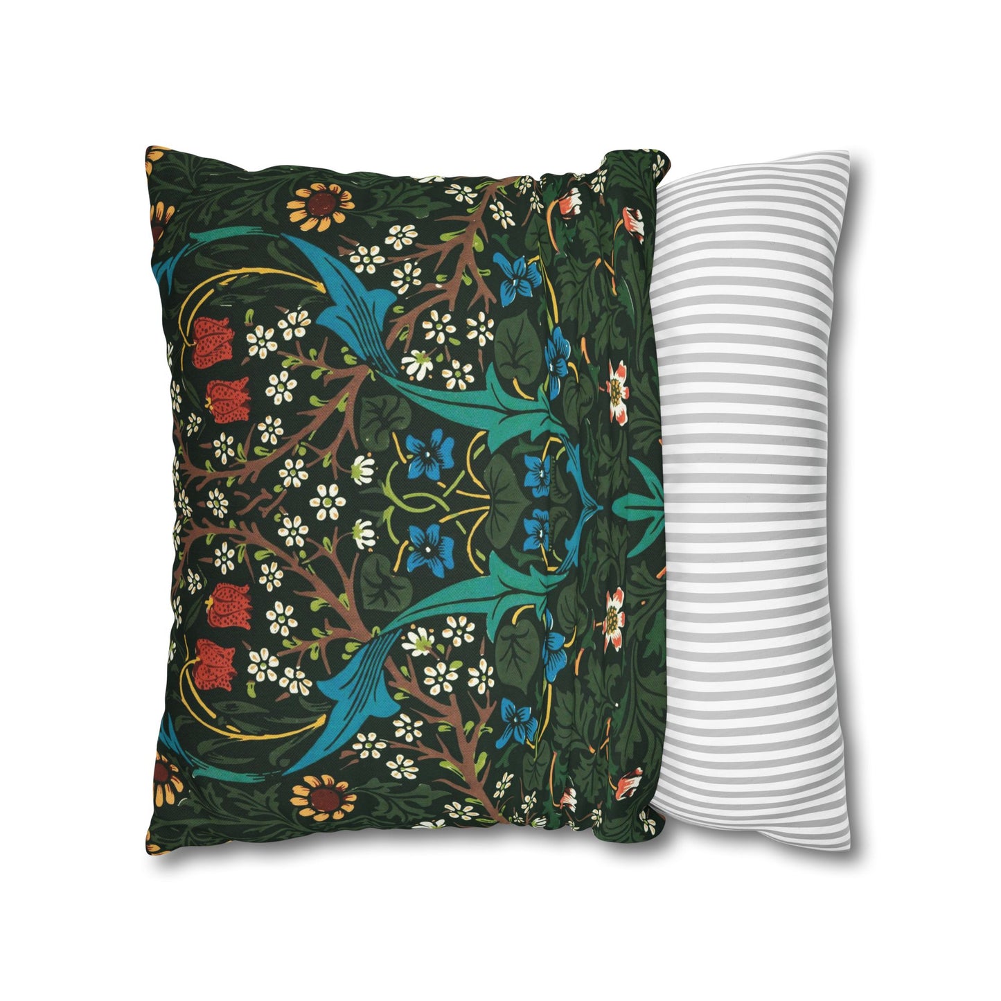 Two pillows, one with a floral pattern and the other with a striped pattern, on a white background - William Morris Tulip
