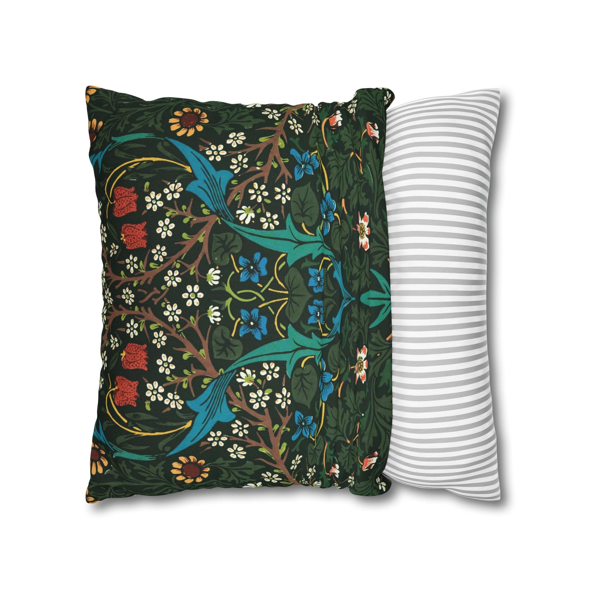 Two pillows, one with a floral pattern and the other with a striped pattern, on a white background - William Morris Tulip