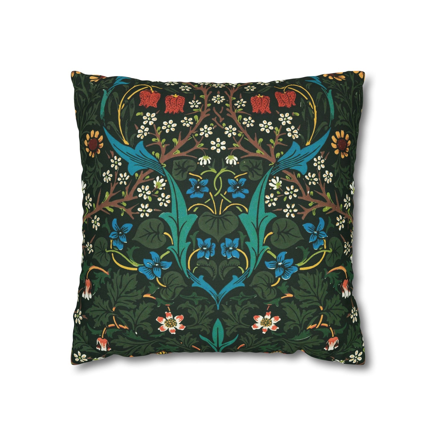 Decorative pillow with intricate floral pattern on a dark green background - William Morris Tulip