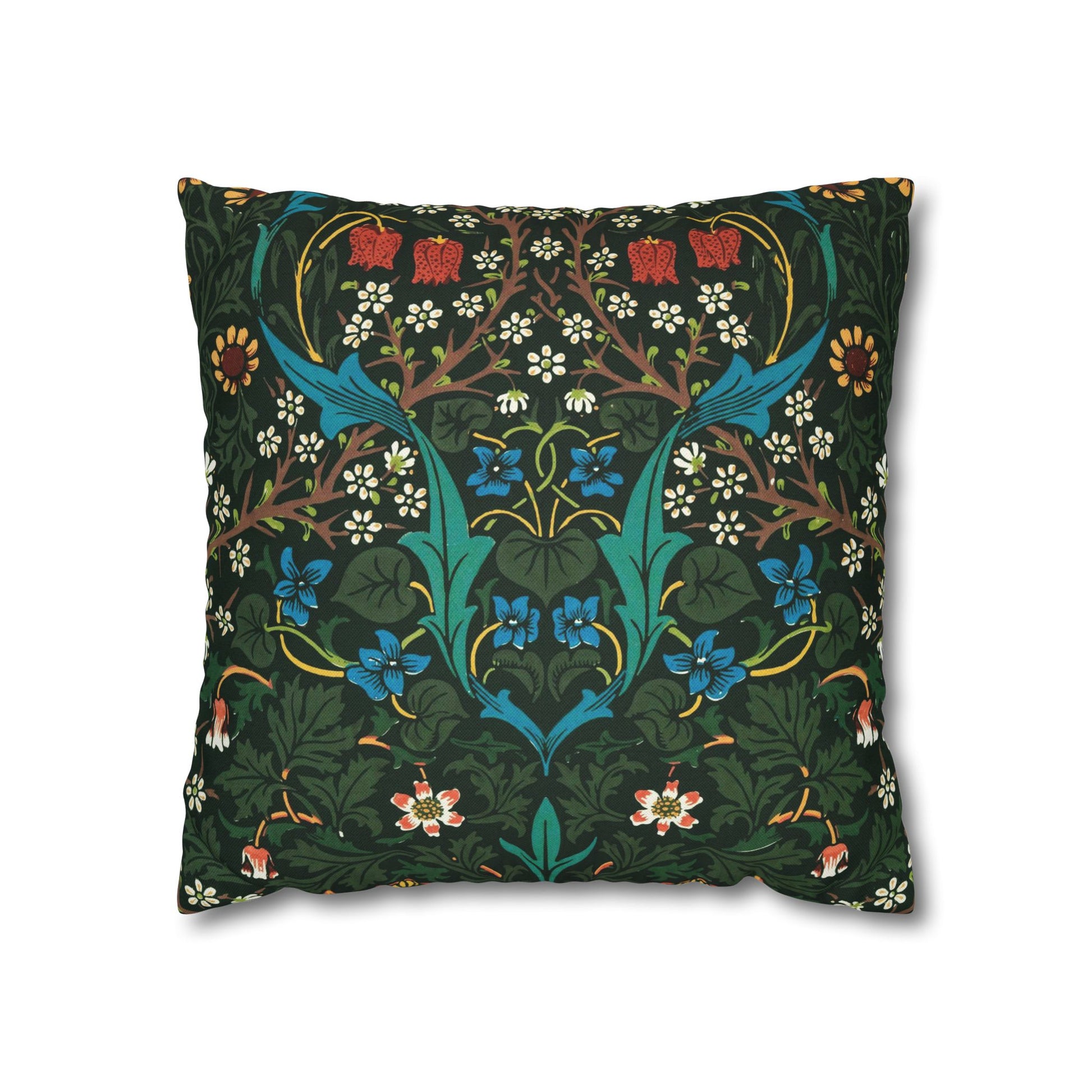Decorative pillow with intricate floral pattern on a dark green background - William Morris Tulip