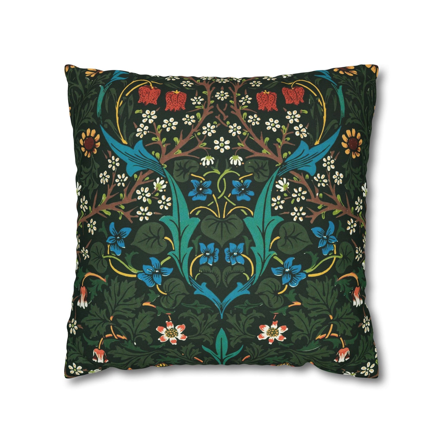 Decorative pillow with floral and leaf pattern on a white background - William Morris Tulip