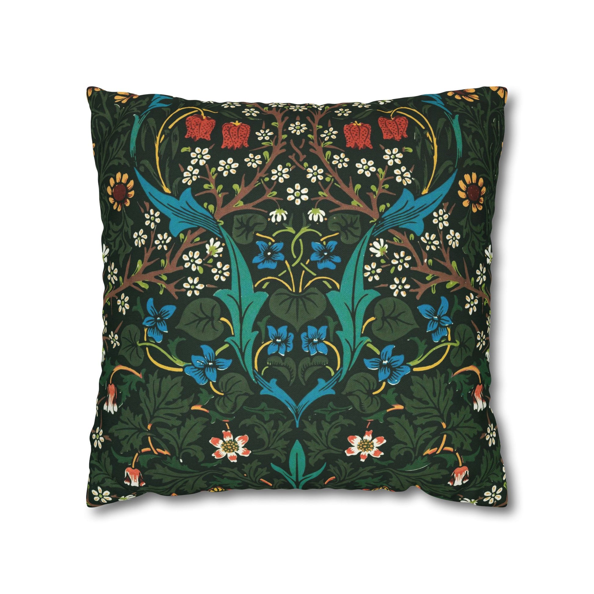 Decorative pillow with floral and leaf pattern on a white background - William Morris Tulip