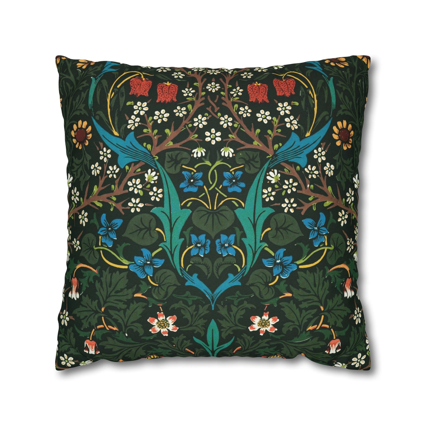 Decorative pillow with floral and bird pattern on a white background - William Morris Tulip