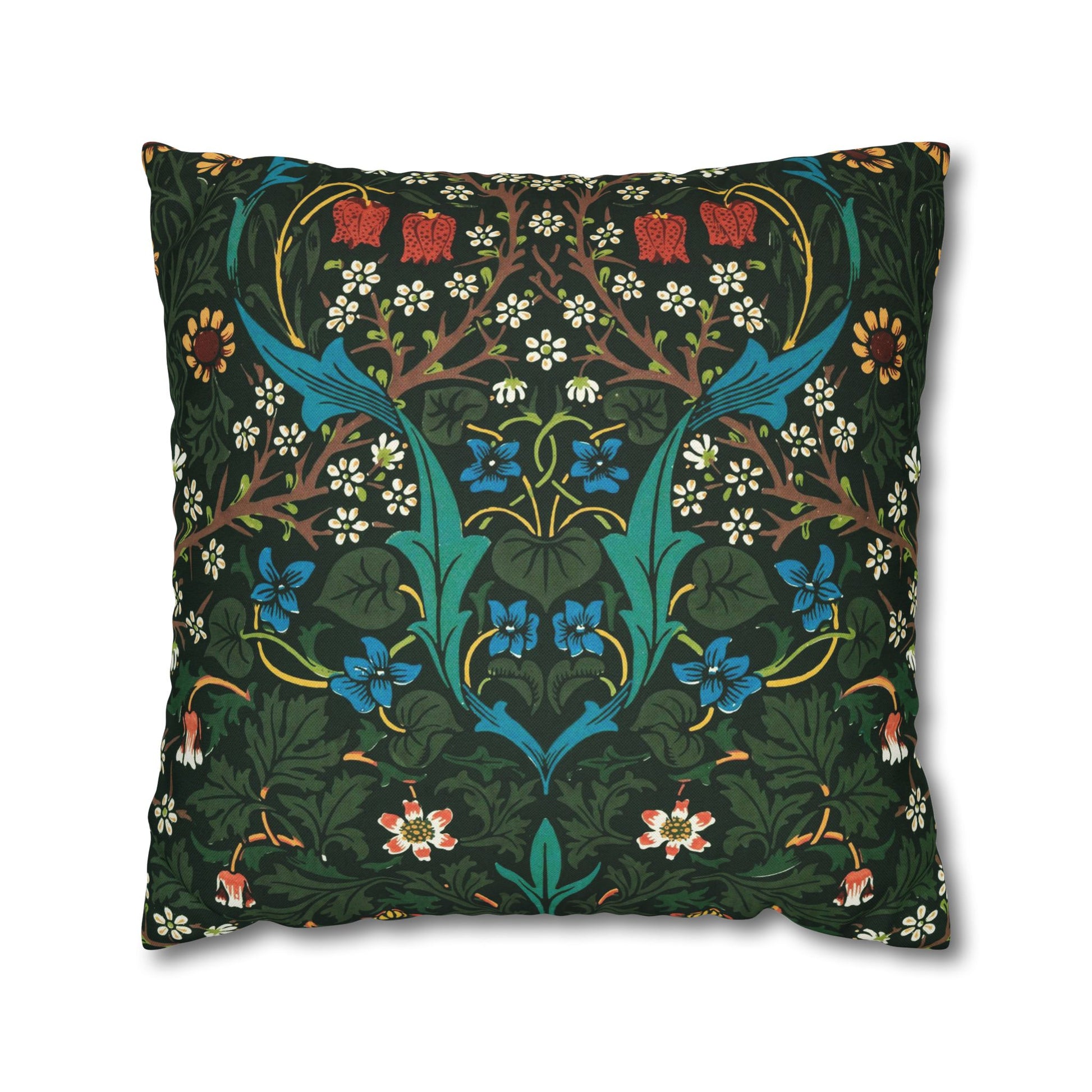 Decorative pillow with floral and bird pattern on a white background - William Morris Tulip