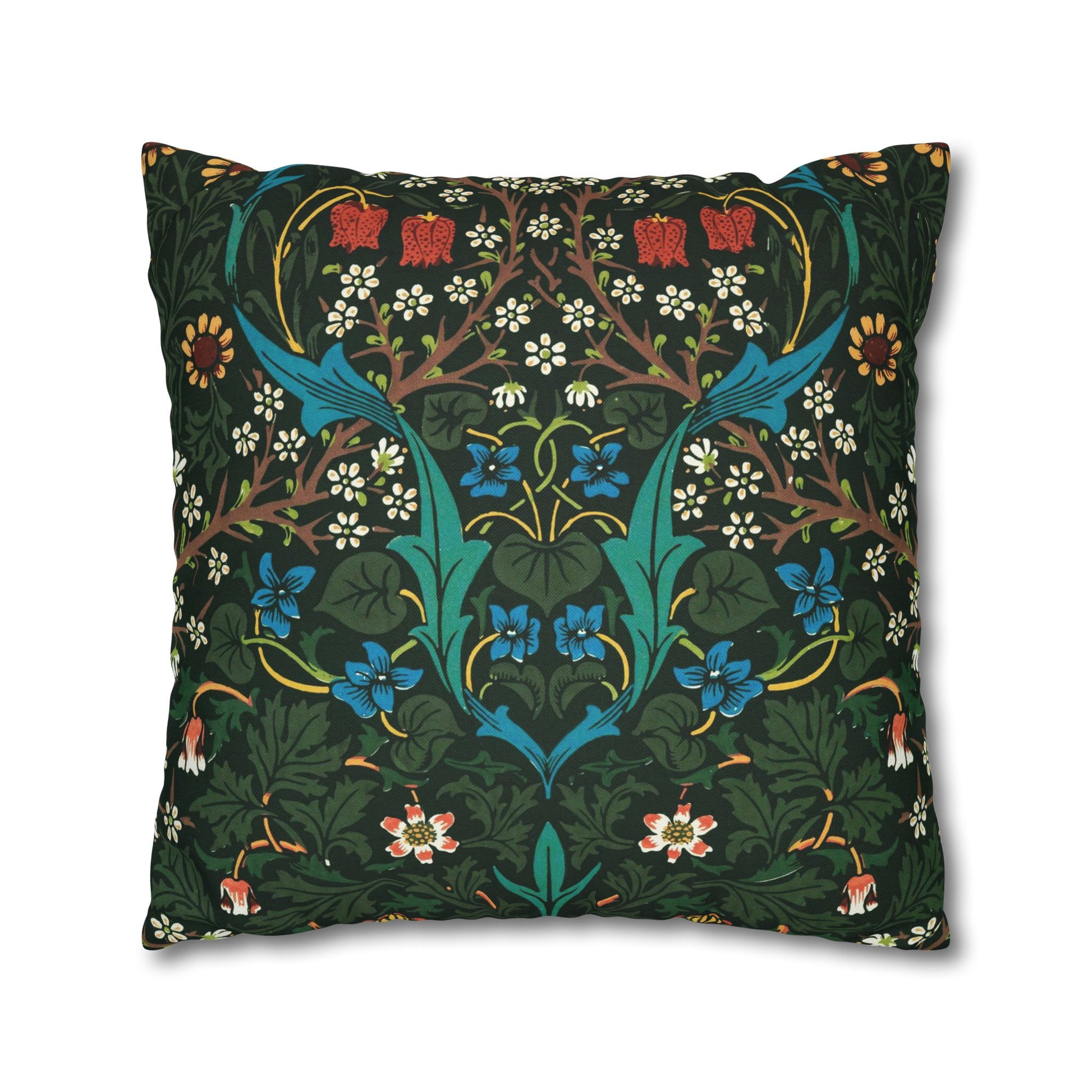 Decorative pillow with intricate floral and bird pattern on a dark green background - William Morris Tulip