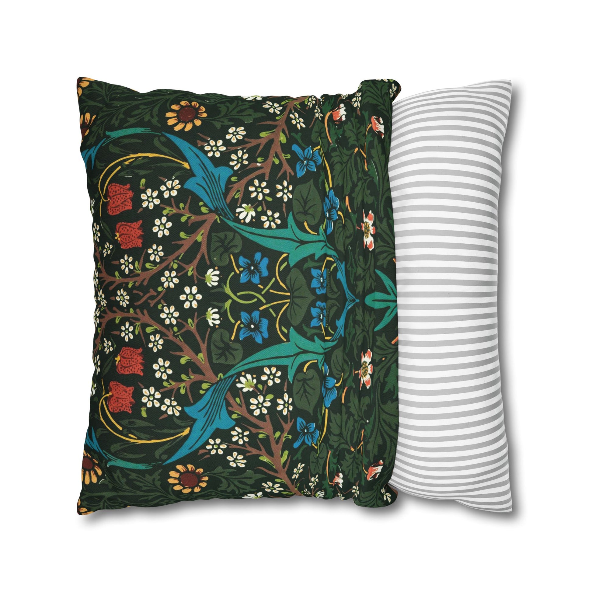 Two pillows, one with a floral pattern and the other with a striped pattern, on a white background - William Morris Tulip