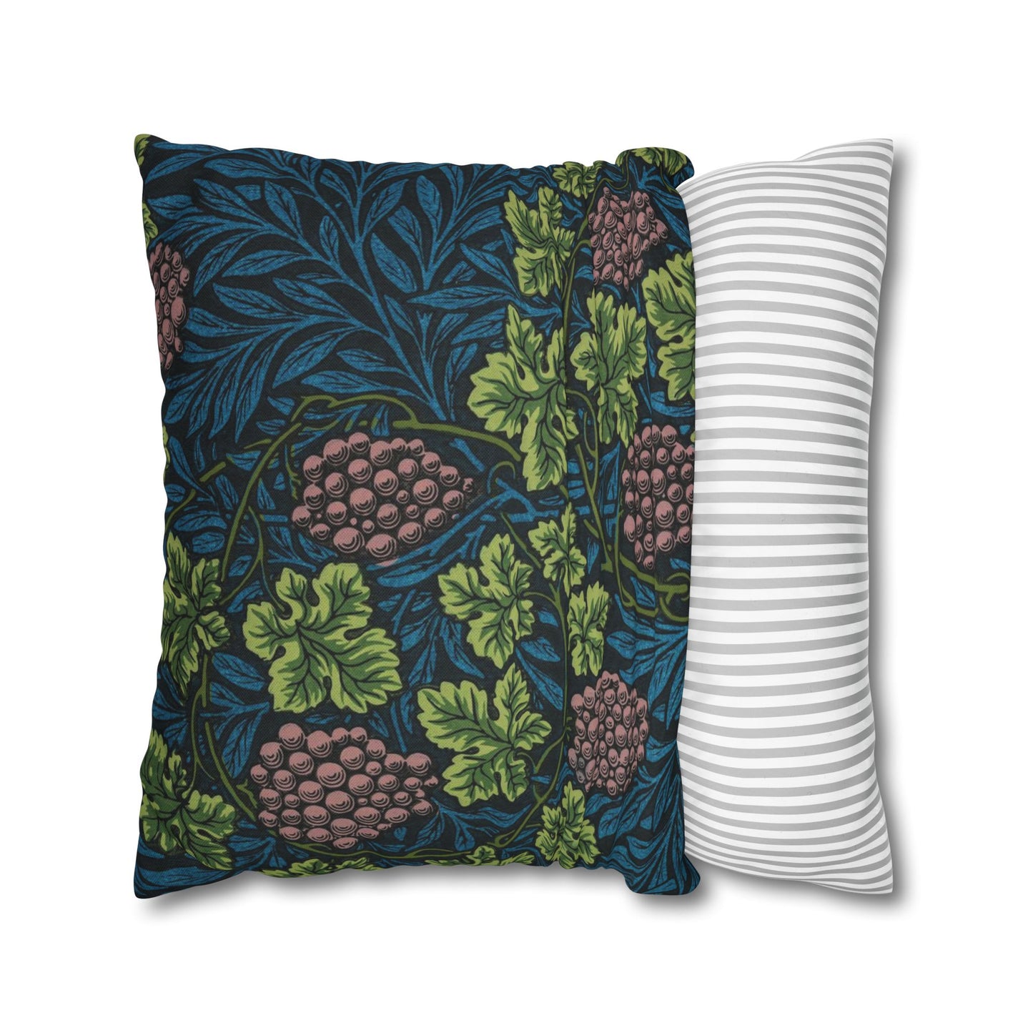Two pillows, one with a floral pattern and the other with a striped pattern, on a white background.