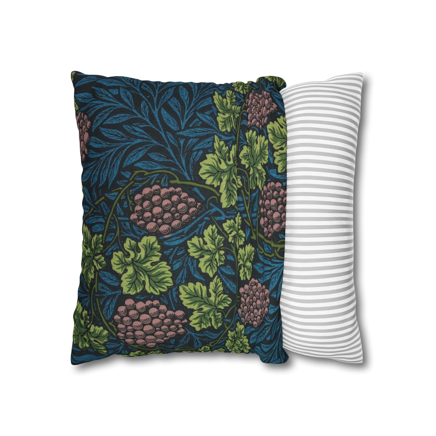 Two pillows, one with a floral pattern and the other with a striped pattern, on a white background.