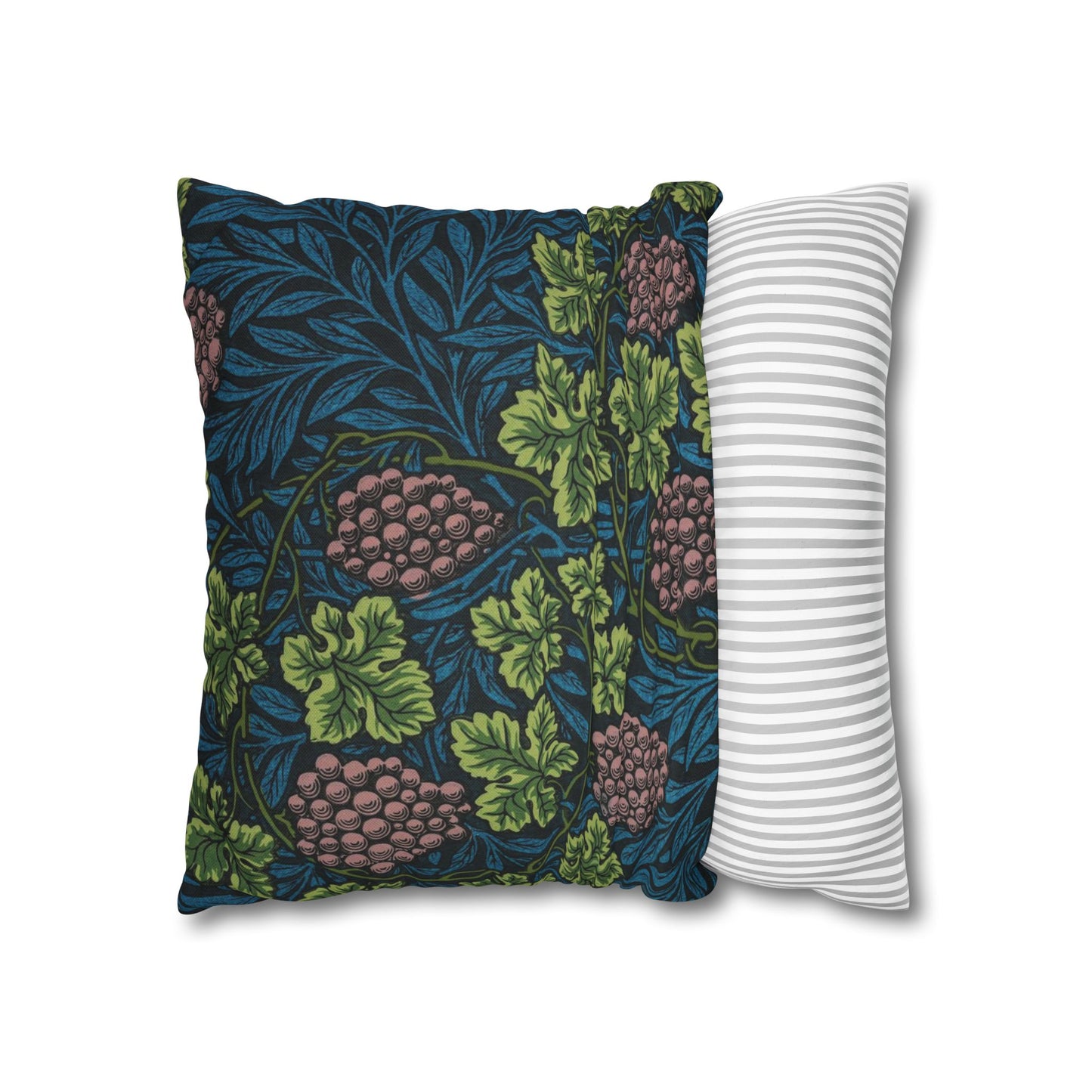 Two pillows, one with a leafy pattern and the other with a striped design, on a white background.