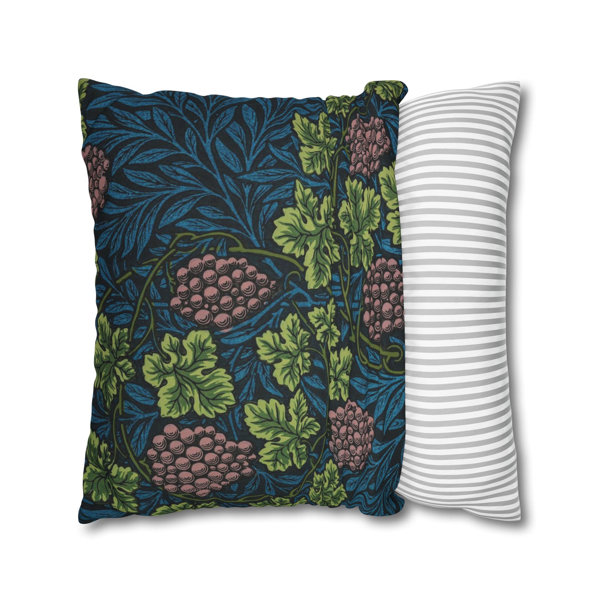 Two pillows, one with a floral pattern and the other with a striped pattern, on a white background.