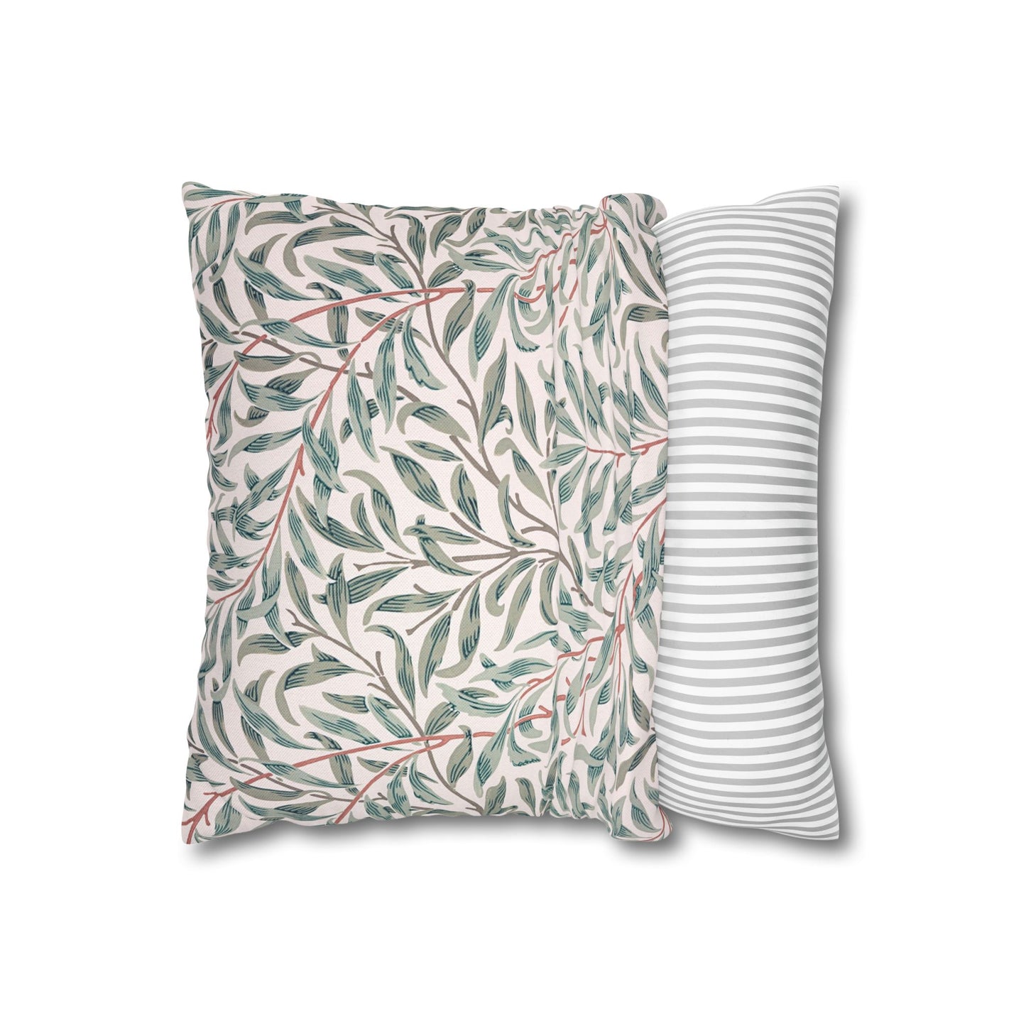 Two pillows, one with a leaf pattern and the other with a striped pattern, on a white background.