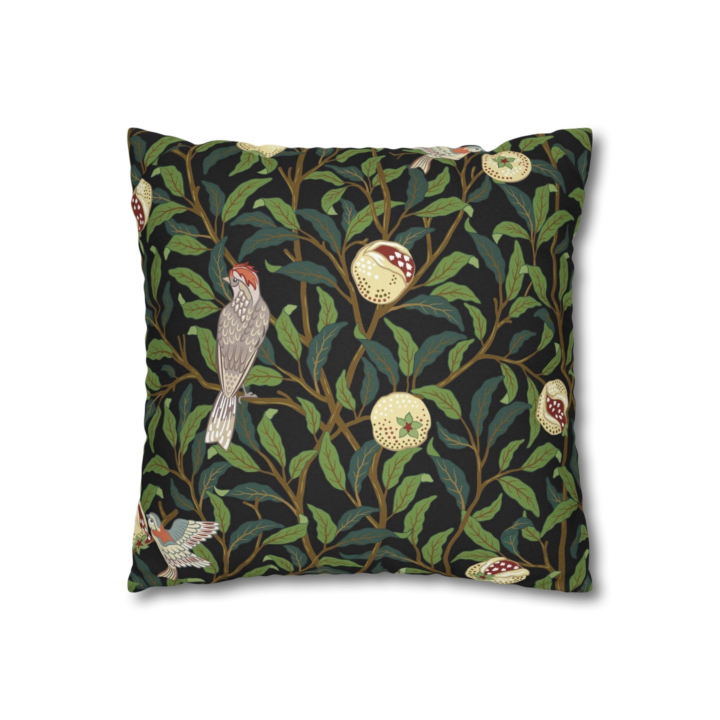 Decorative pillow with bird and leaf pattern on a black background