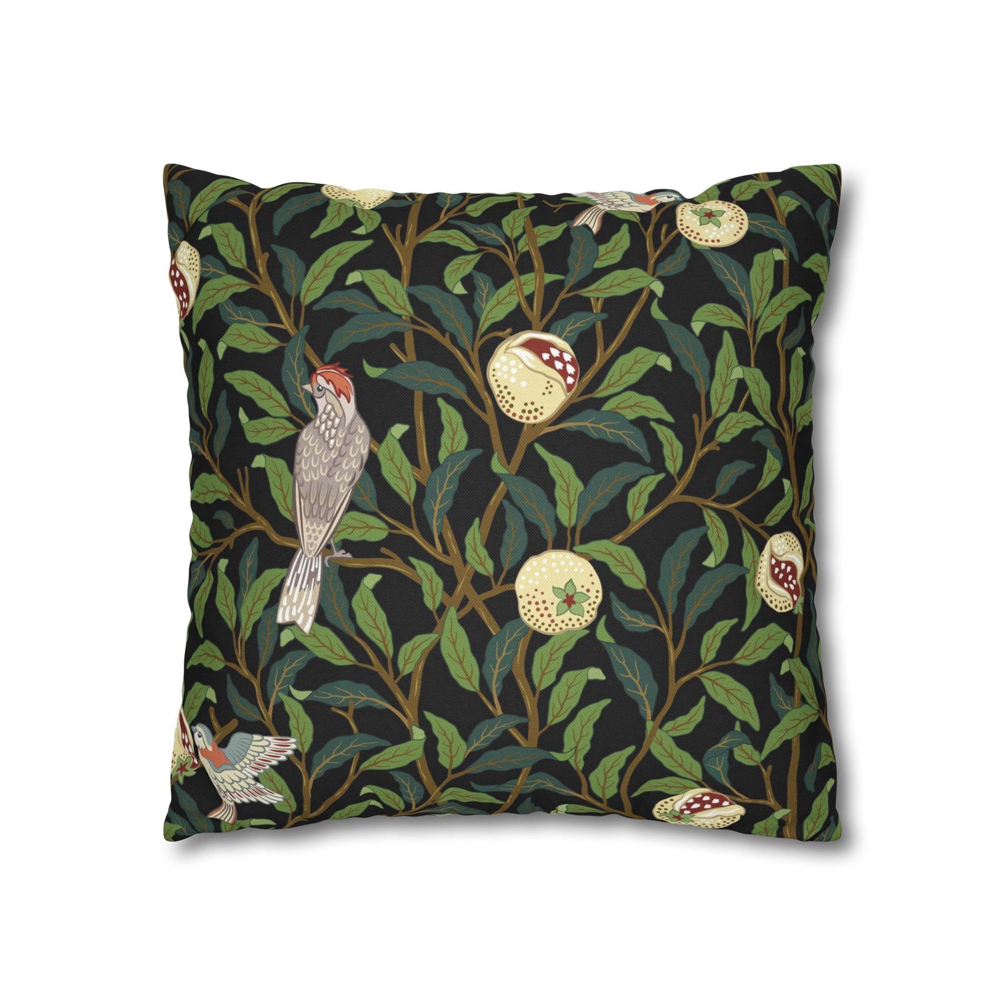 Decorative pillow with bird and floral pattern on a black background