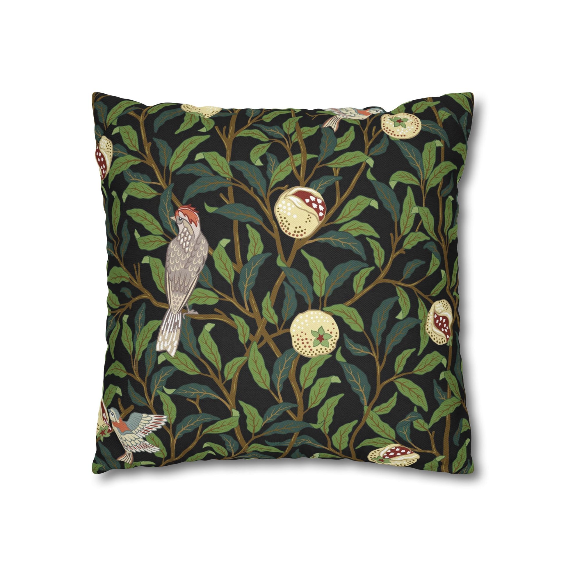 Decorative pillow with bird and floral pattern on a black background