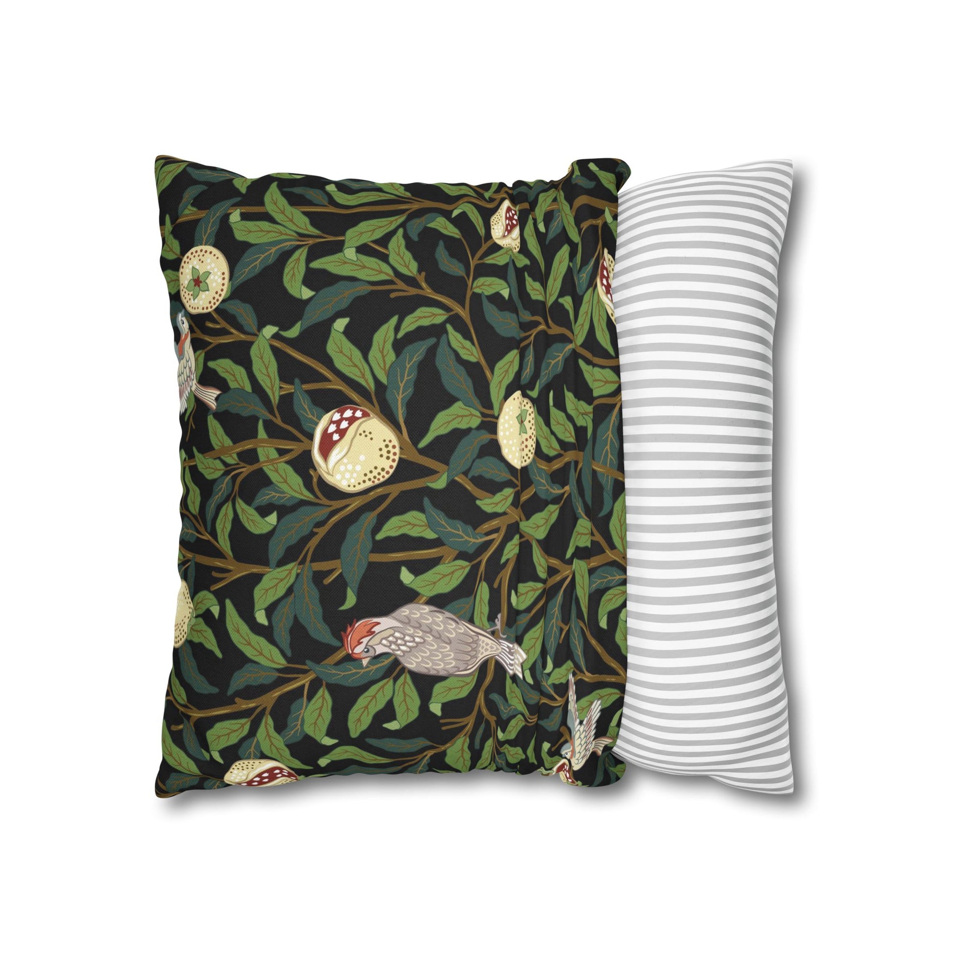 Two pillows, one with nature-themed design and one with striped pattern, on a white background.