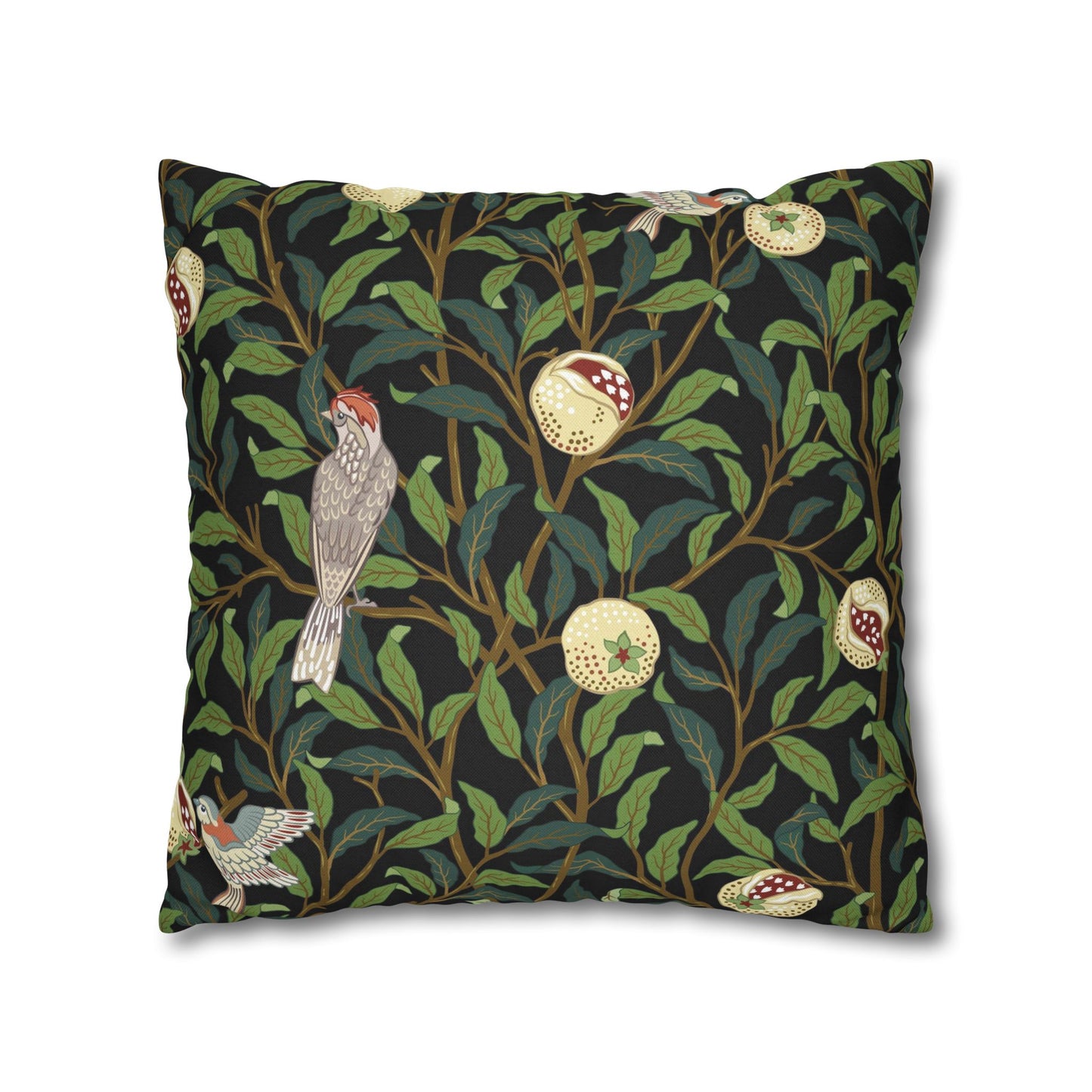 Decorative pillow with bird and floral pattern on a dark background