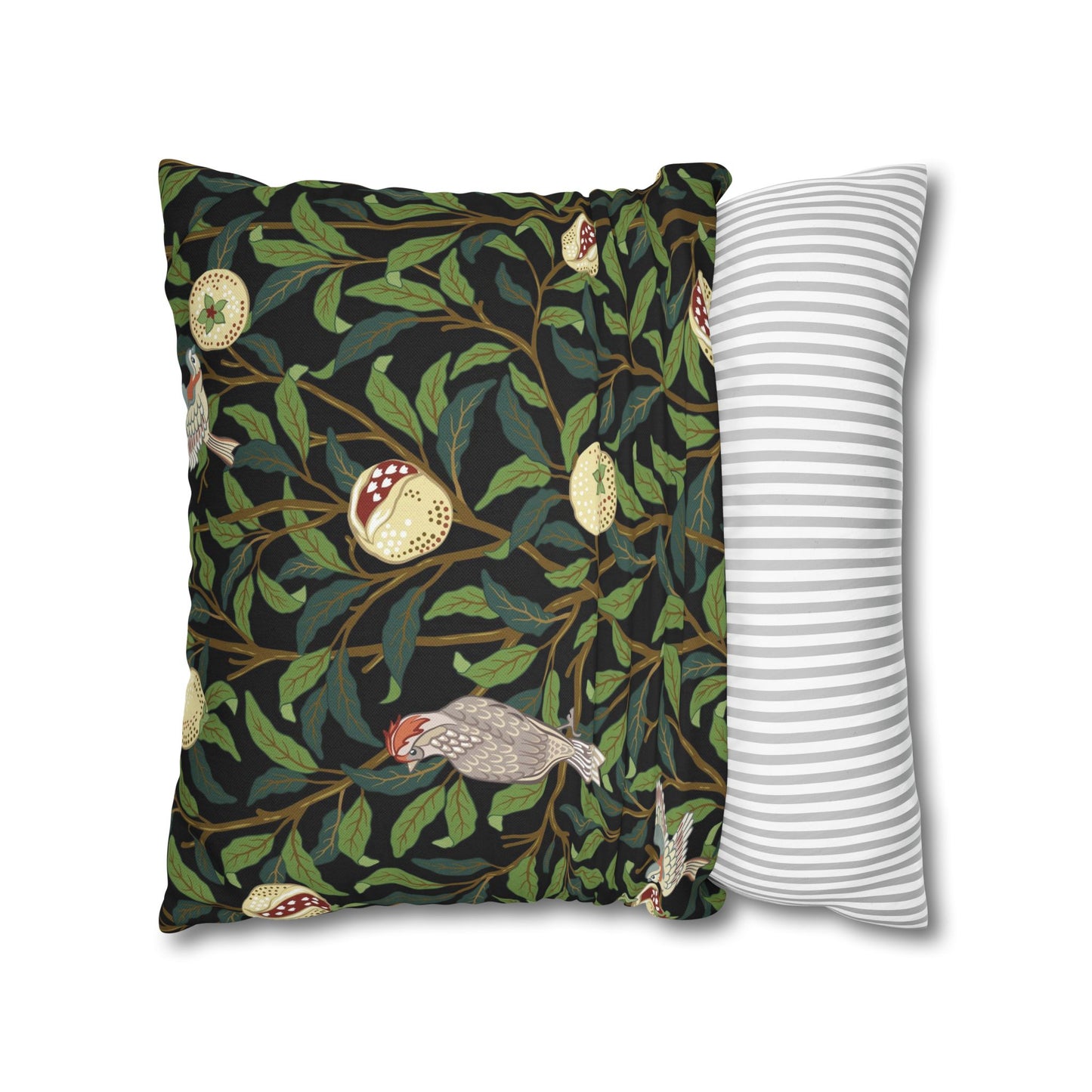 Two pillows, one with a nature-themed design and the other with a striped pattern, on a white background.