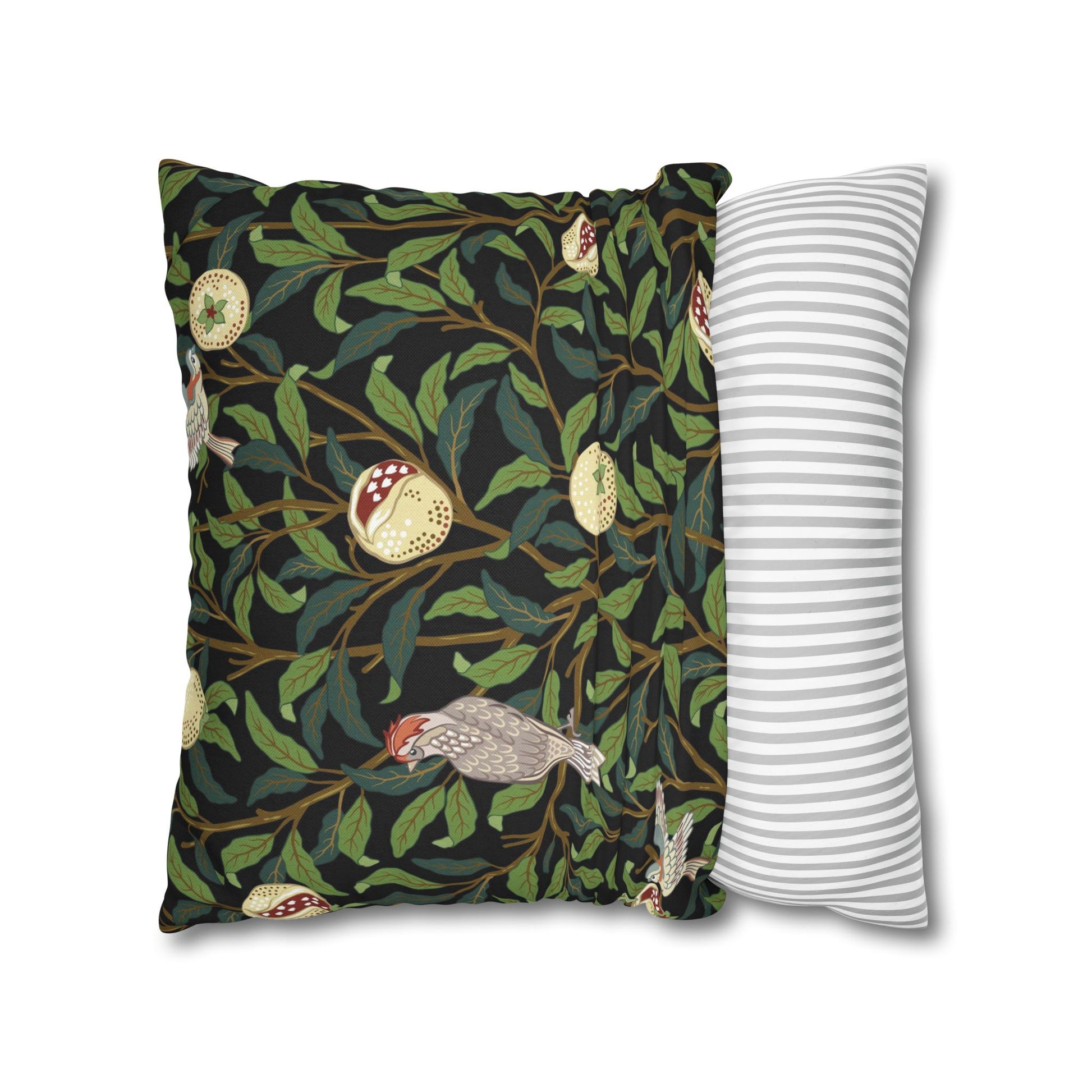 Two pillows, one with a nature-themed design and the other with a striped pattern, on a white background.