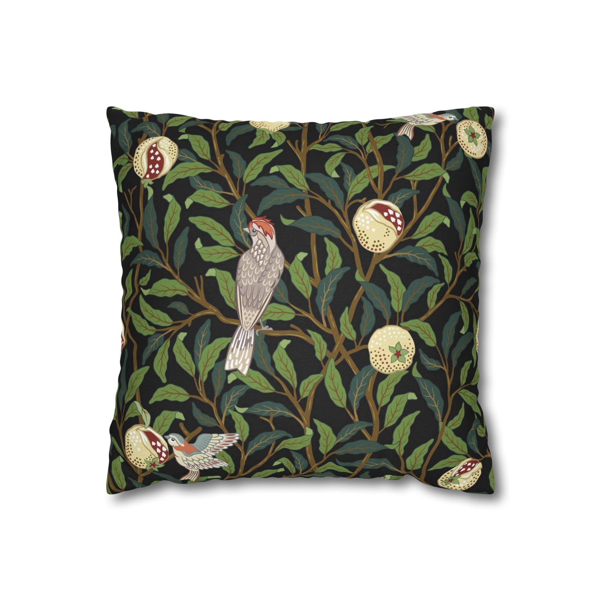 Decorative pillow with bird and floral pattern on a black background