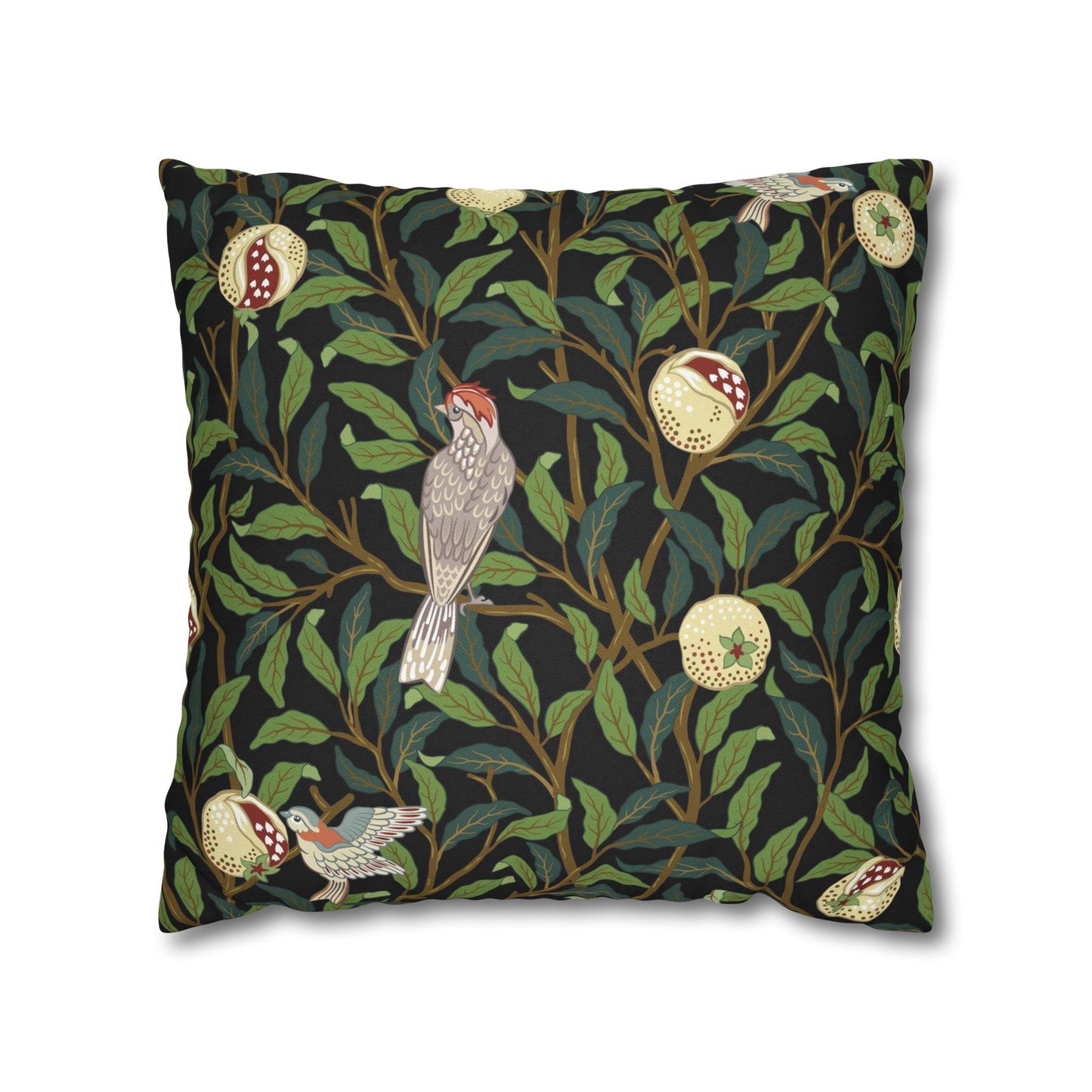 Decorative pillow with bird and apple pattern on a black background