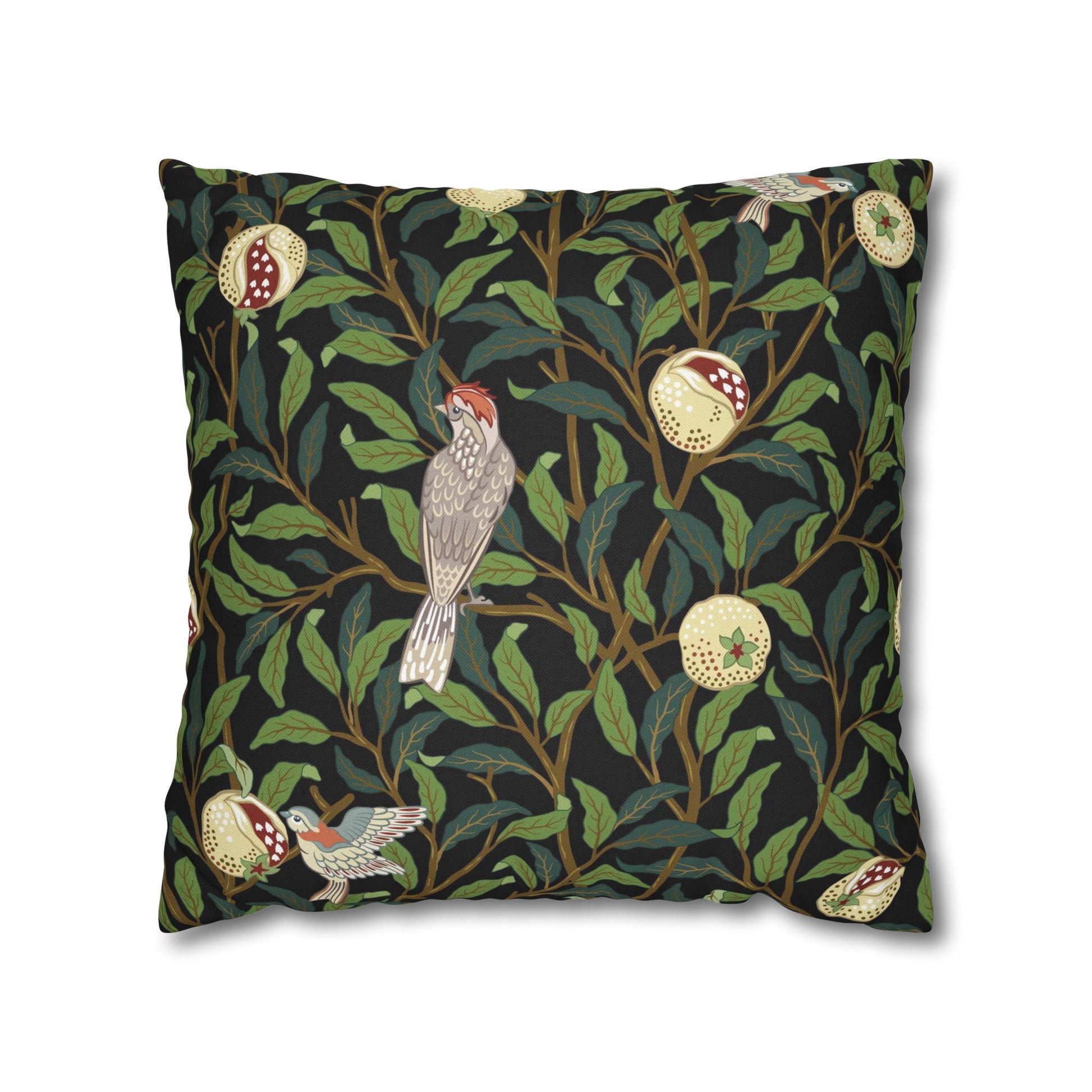 Decorative pillow with bird and apple pattern on a black background