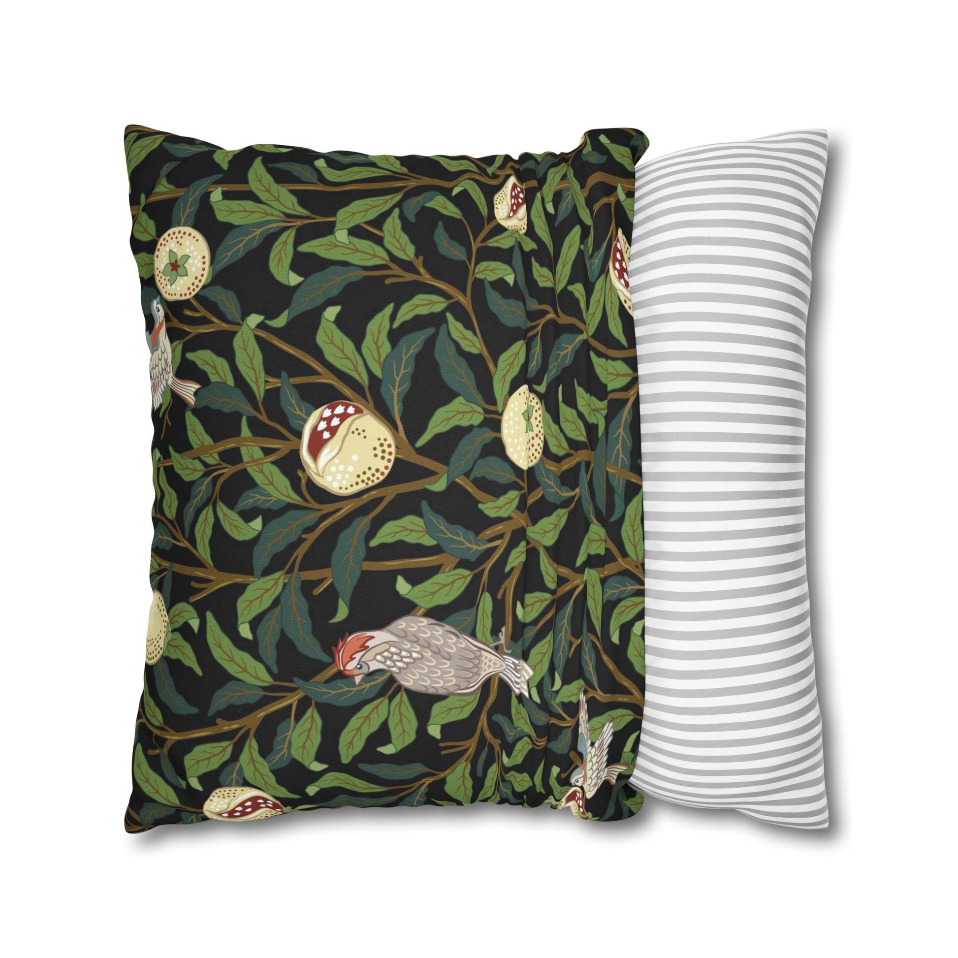 Two pillows, one with a nature-themed design and the other with a striped pattern, on a white background.