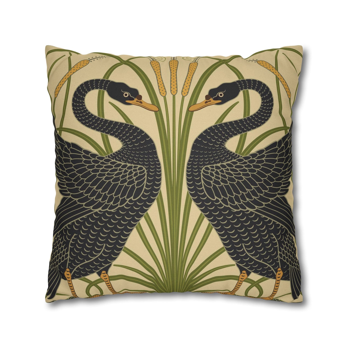 Decorative pillow with black swan design on a beige background
