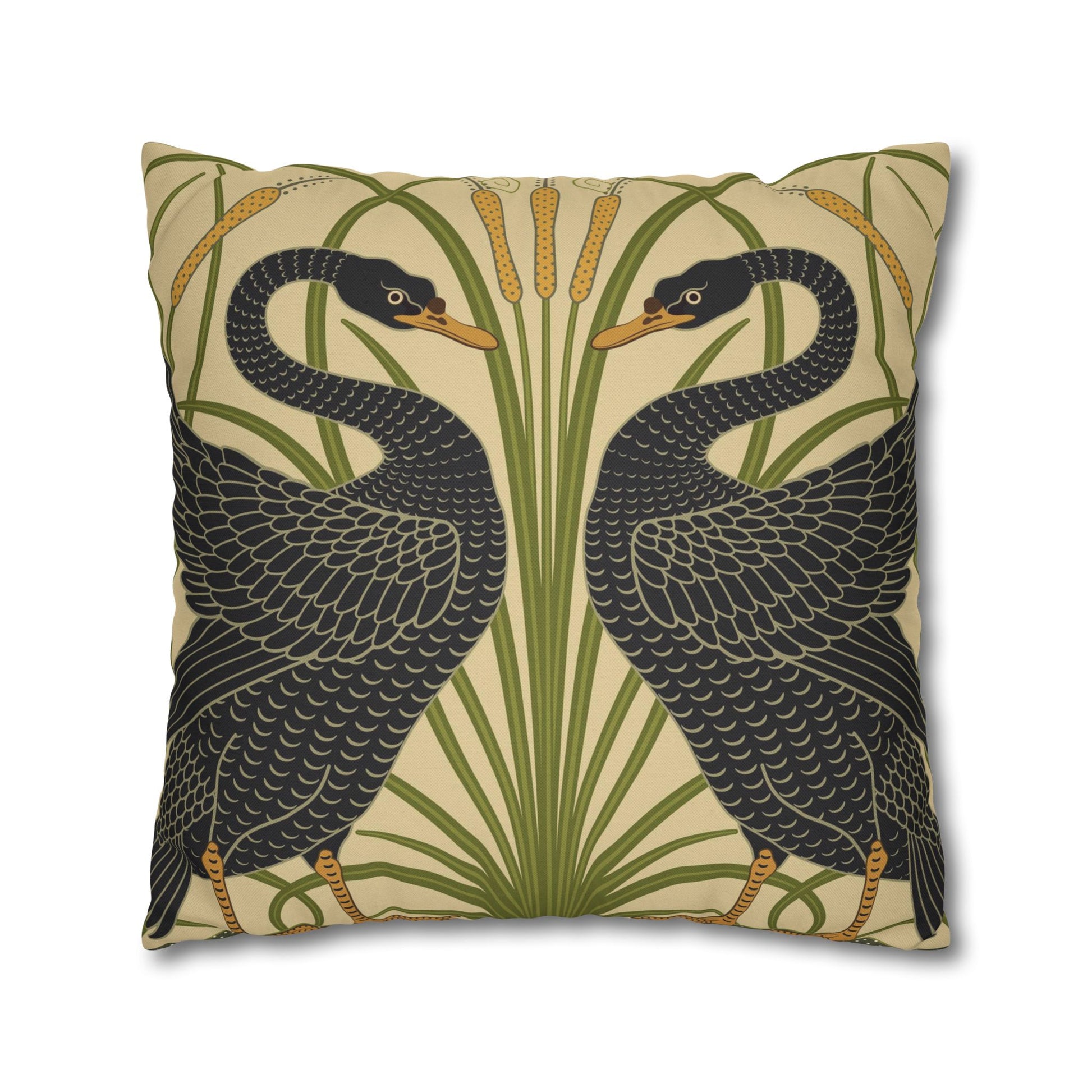 Decorative pillow with black swan design on a beige background