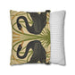 Decorative pillow with swan design next to a striped pillow on a white background